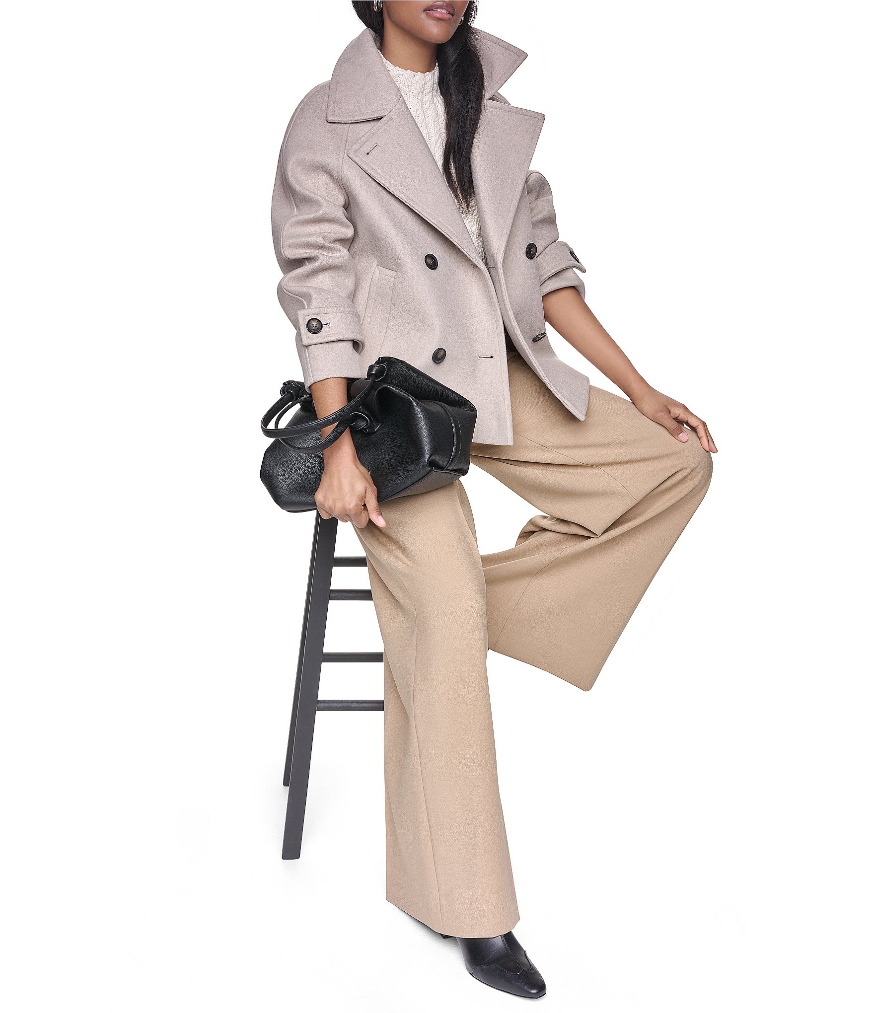 DKNY Wool Blend Notch Collar Double Breasted Peacoat