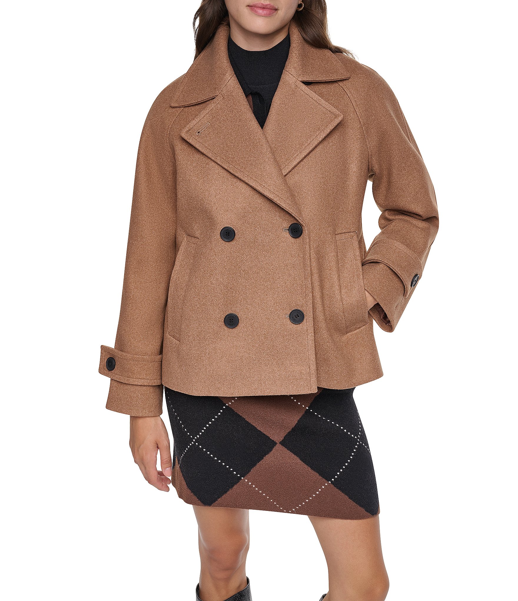 DKNY Wool Blend Notch Collar Double Breasted Peacoat