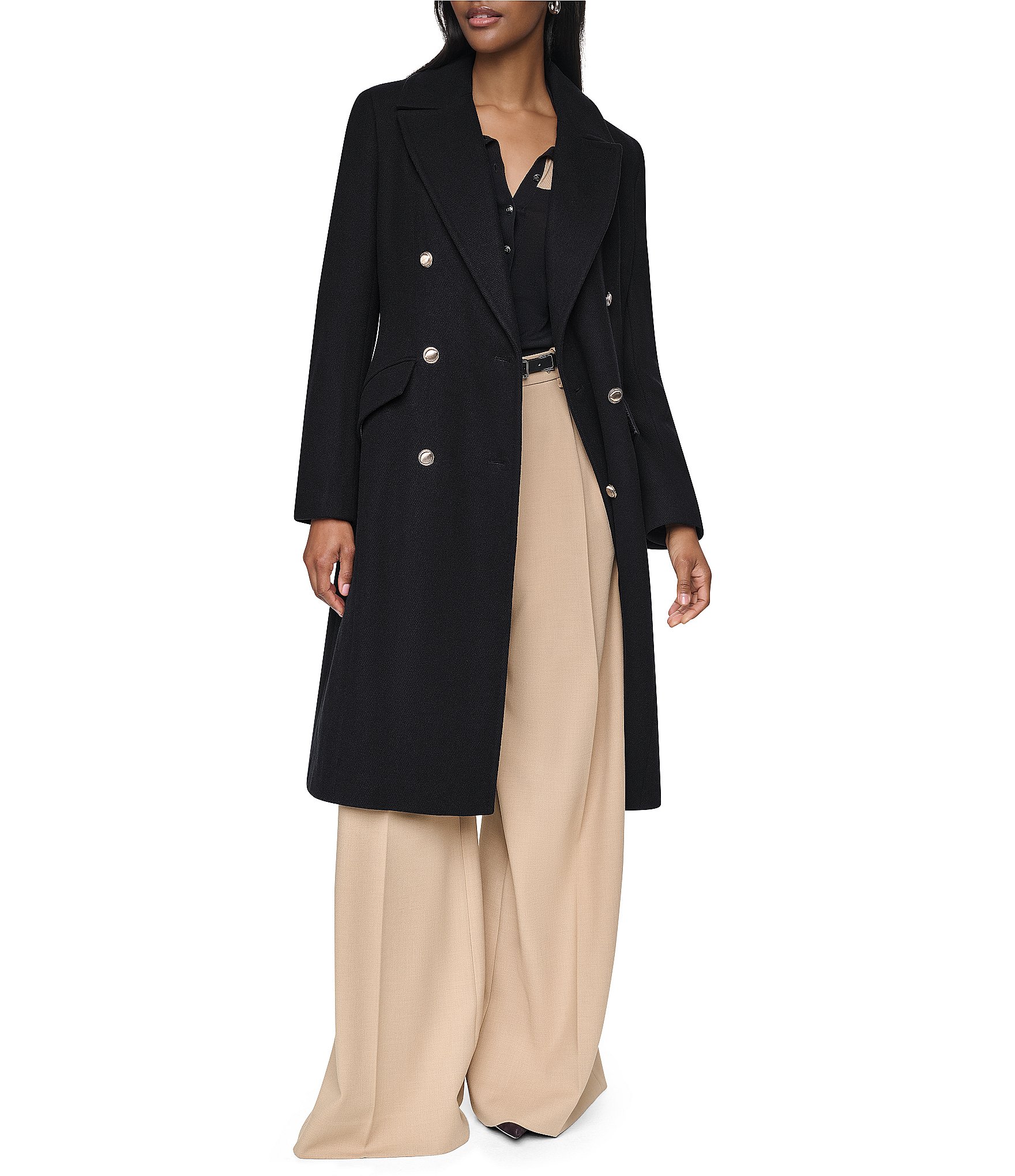 DKNY Wool Blend Notch Collar Double Breasted Tailored Peacoat