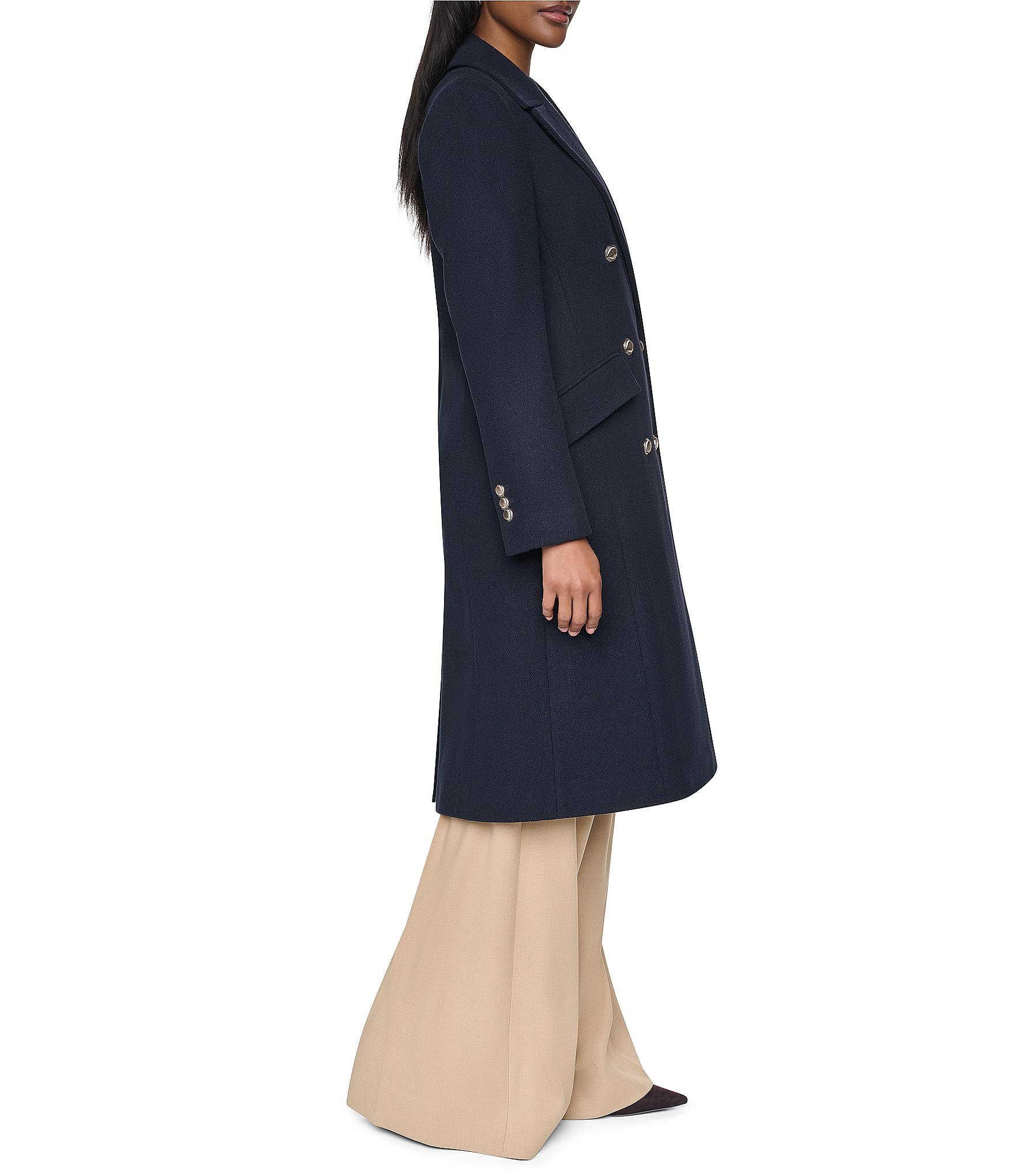 DKNY Wool Blend Notch Collar Double Breasted Tailored Peacoat