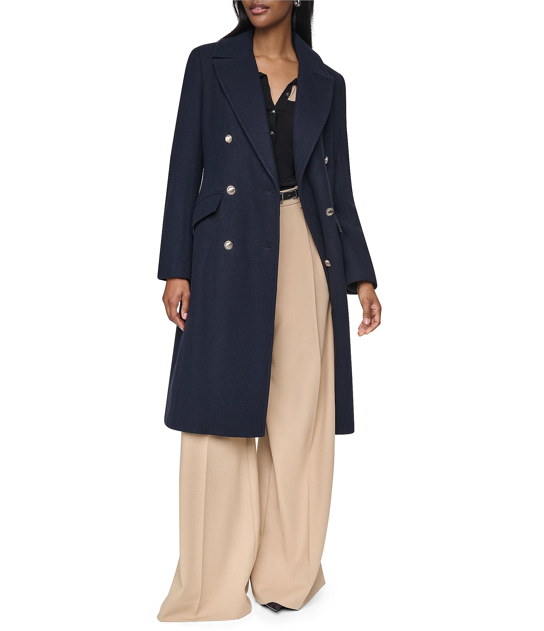 DKNY Wool Blend Notch Collar Double Breasted Tailored Peacoat