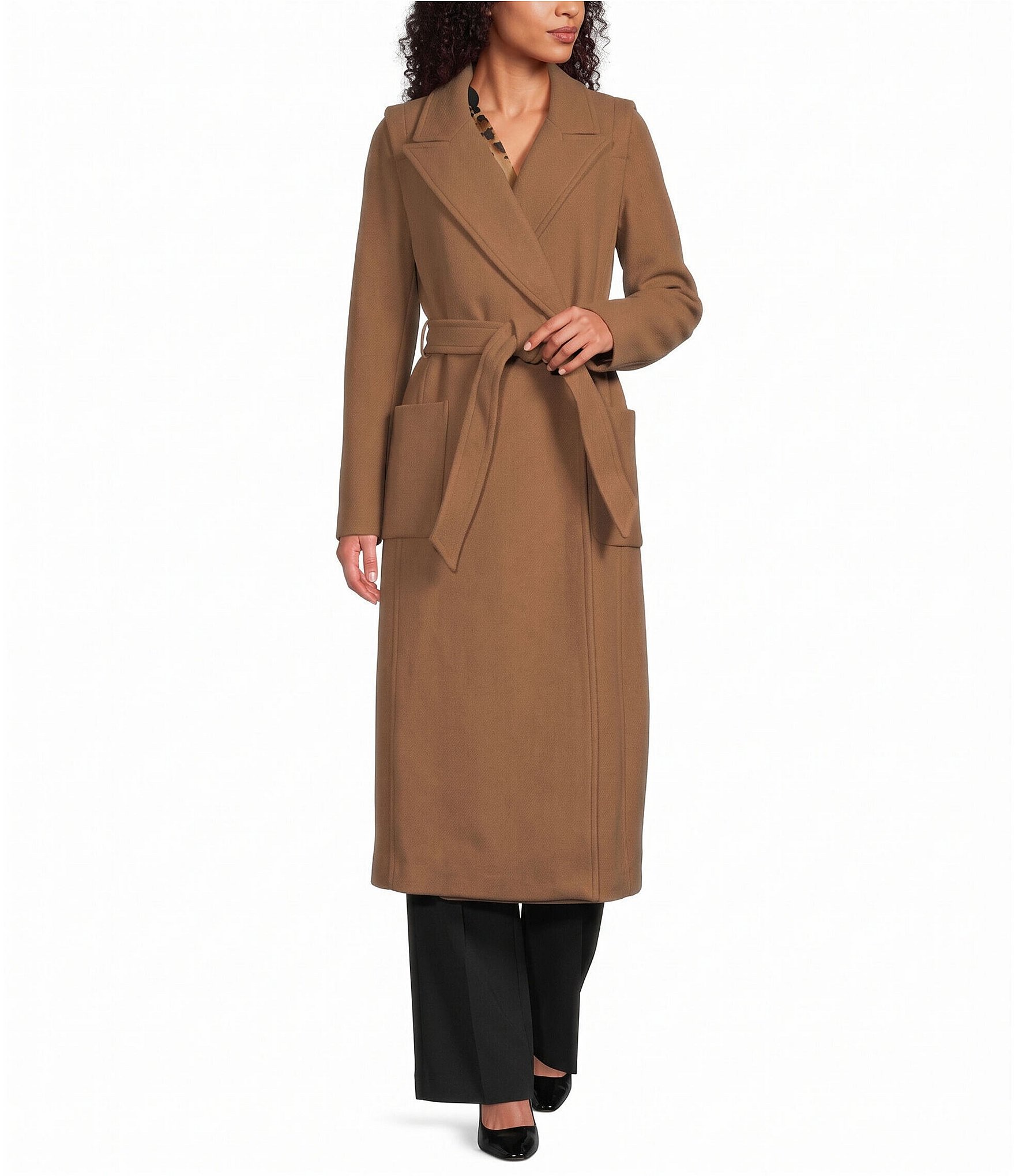 DKNY Wool Blend Peak Lapel Collar Belted Button Front Trench Coat