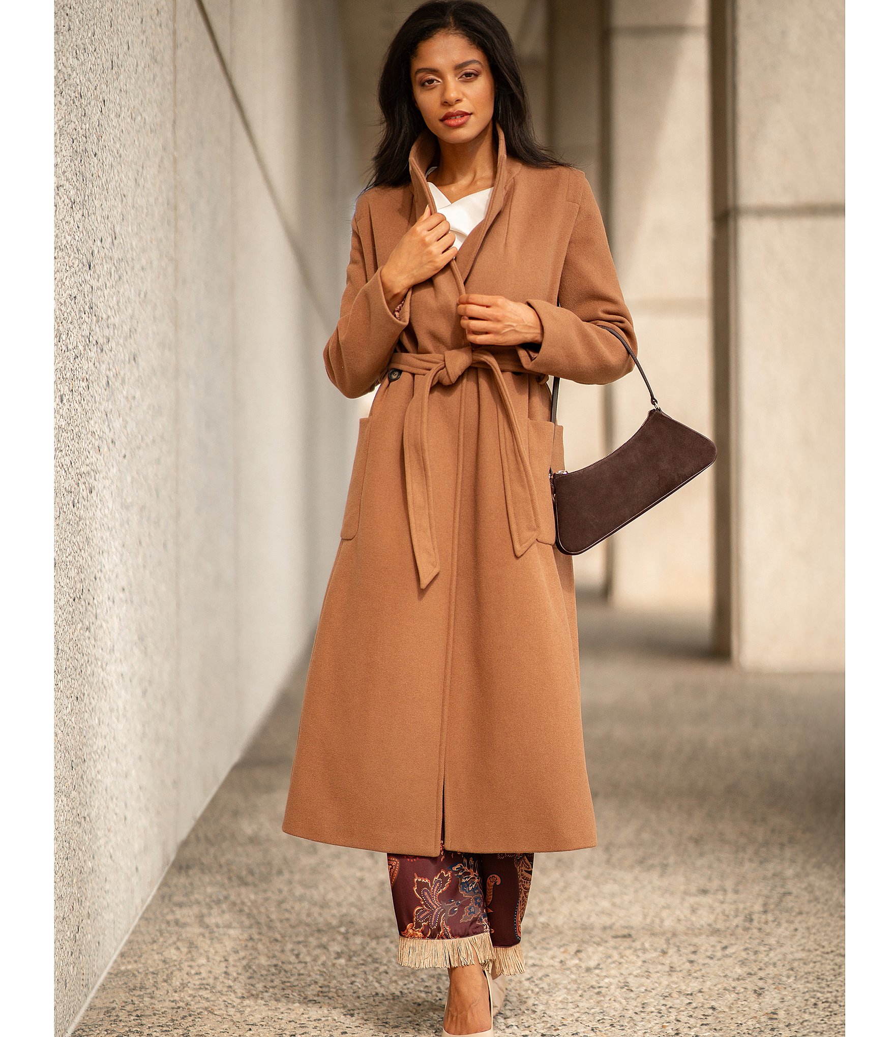 DKNY Wool Blend Peak Lapel Collar Belted Button Front Trench Coat