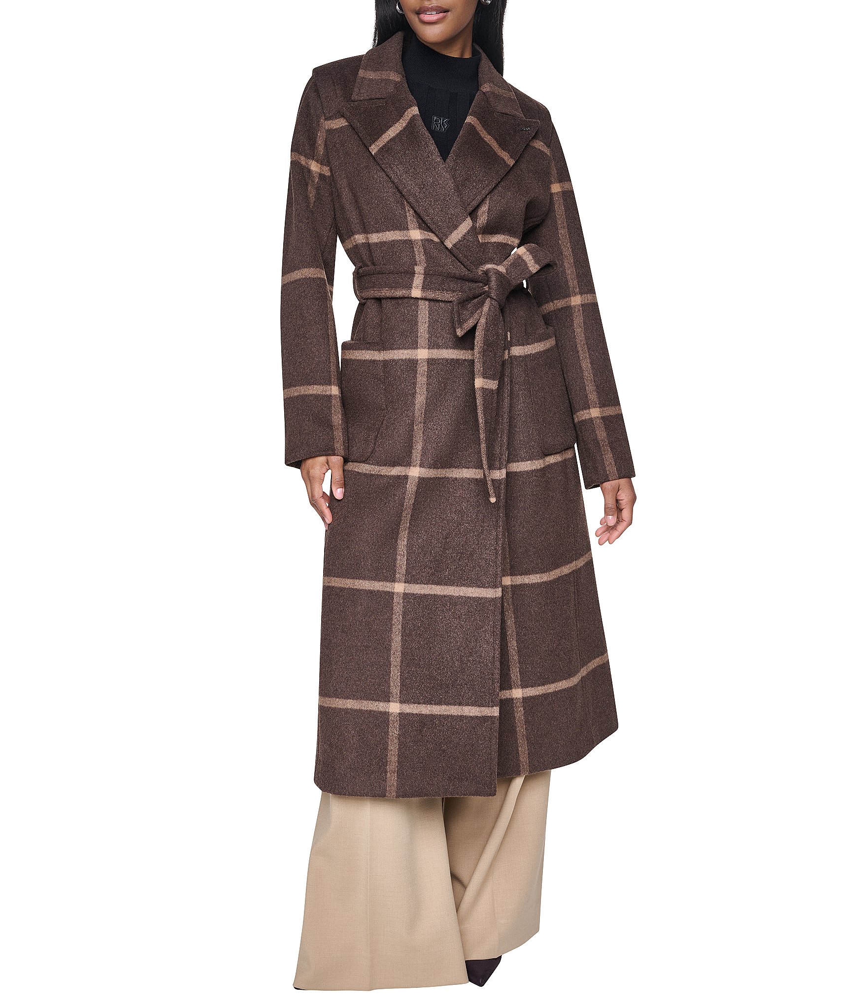 DKNY Wool Blend Peak Lapel Collar Belted Button Front Trench Coat