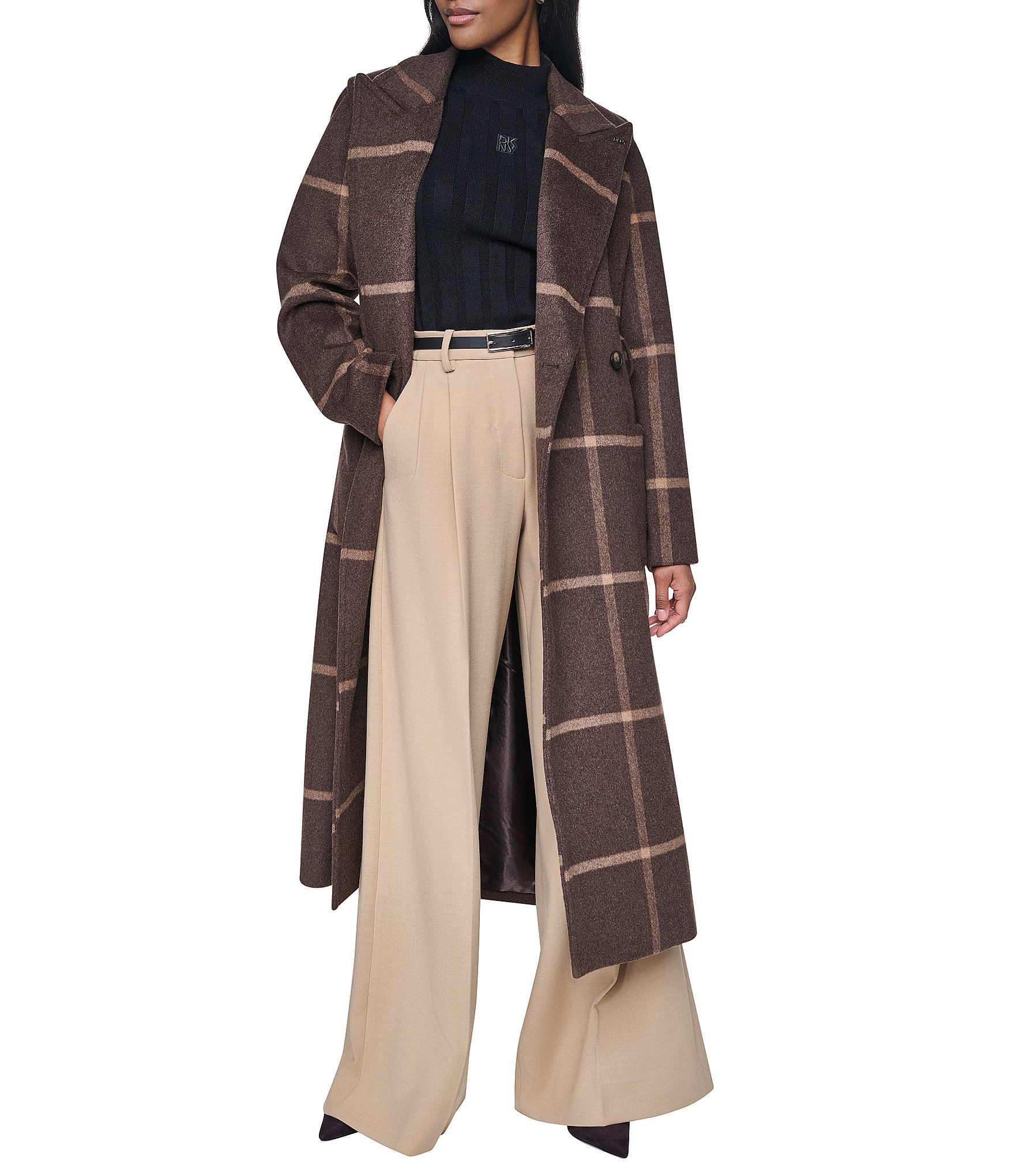 DKNY Wool Blend Peak Lapel Collar Belted Button Front Trench Coat