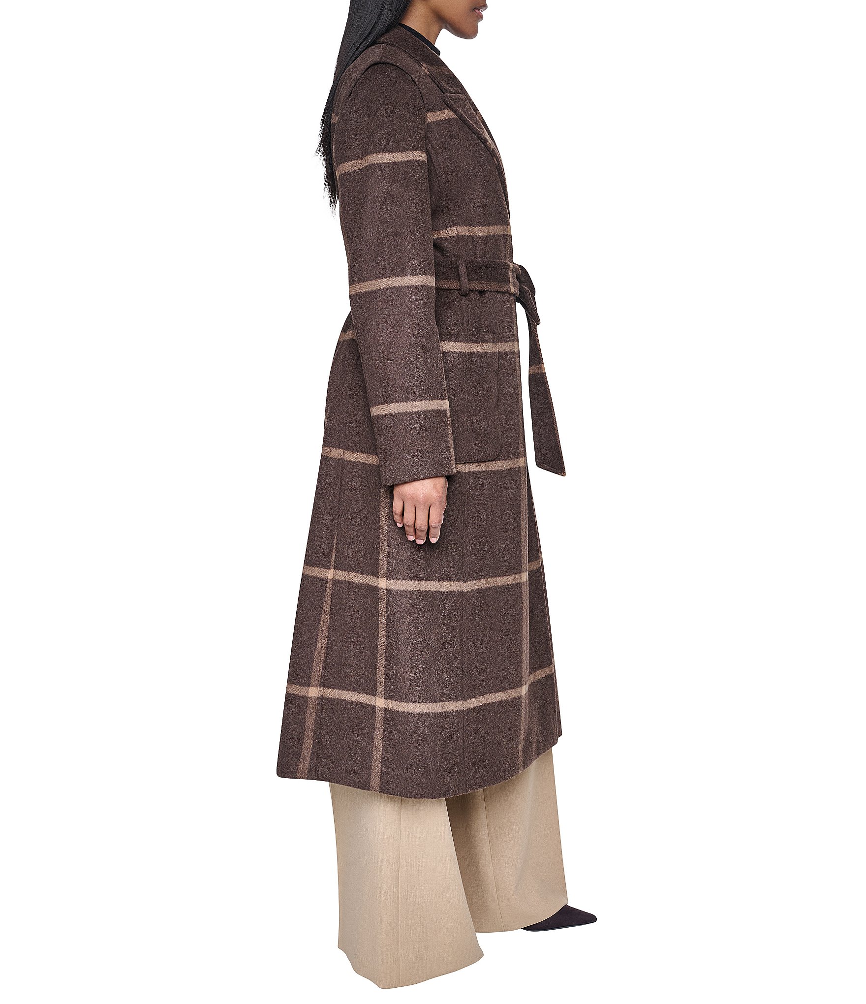 DKNY Wool Blend Peak Lapel Collar Belted Button Front Trench Coat