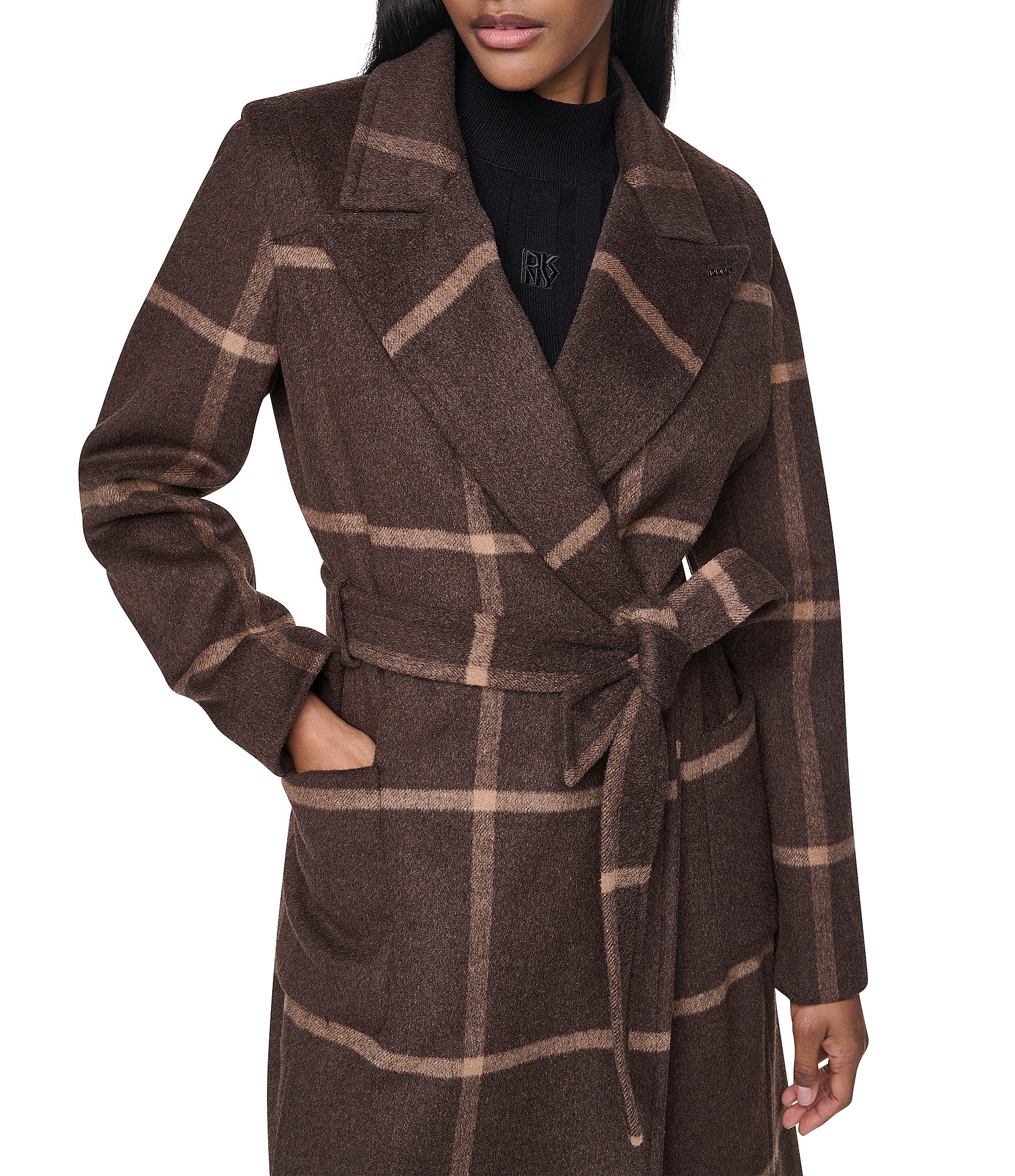 DKNY Wool Blend Peak Lapel Collar Belted Button Front Trench Coat