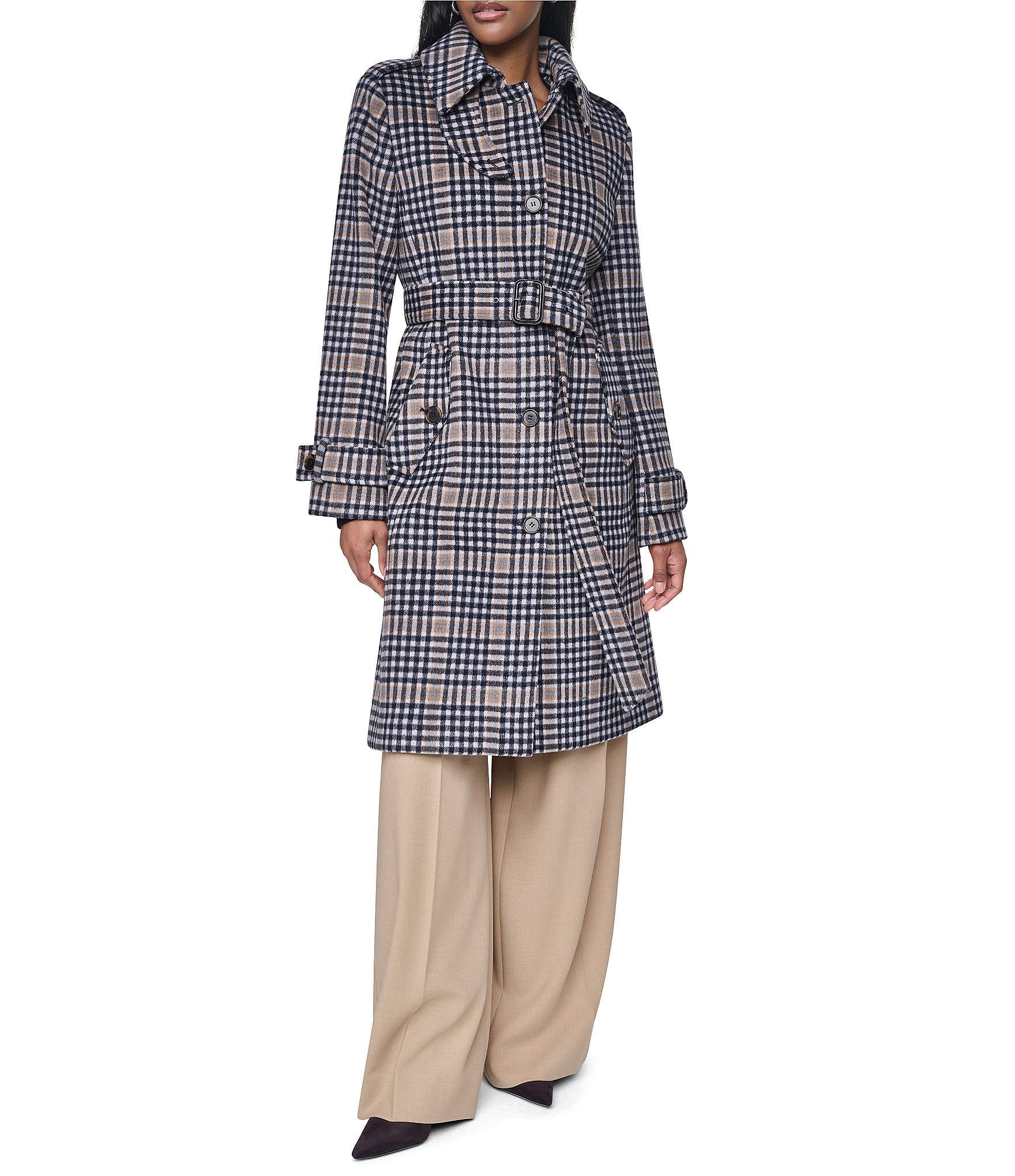 DKNY Wool Blend Point Collar Belted Single Breasted Trench Coat