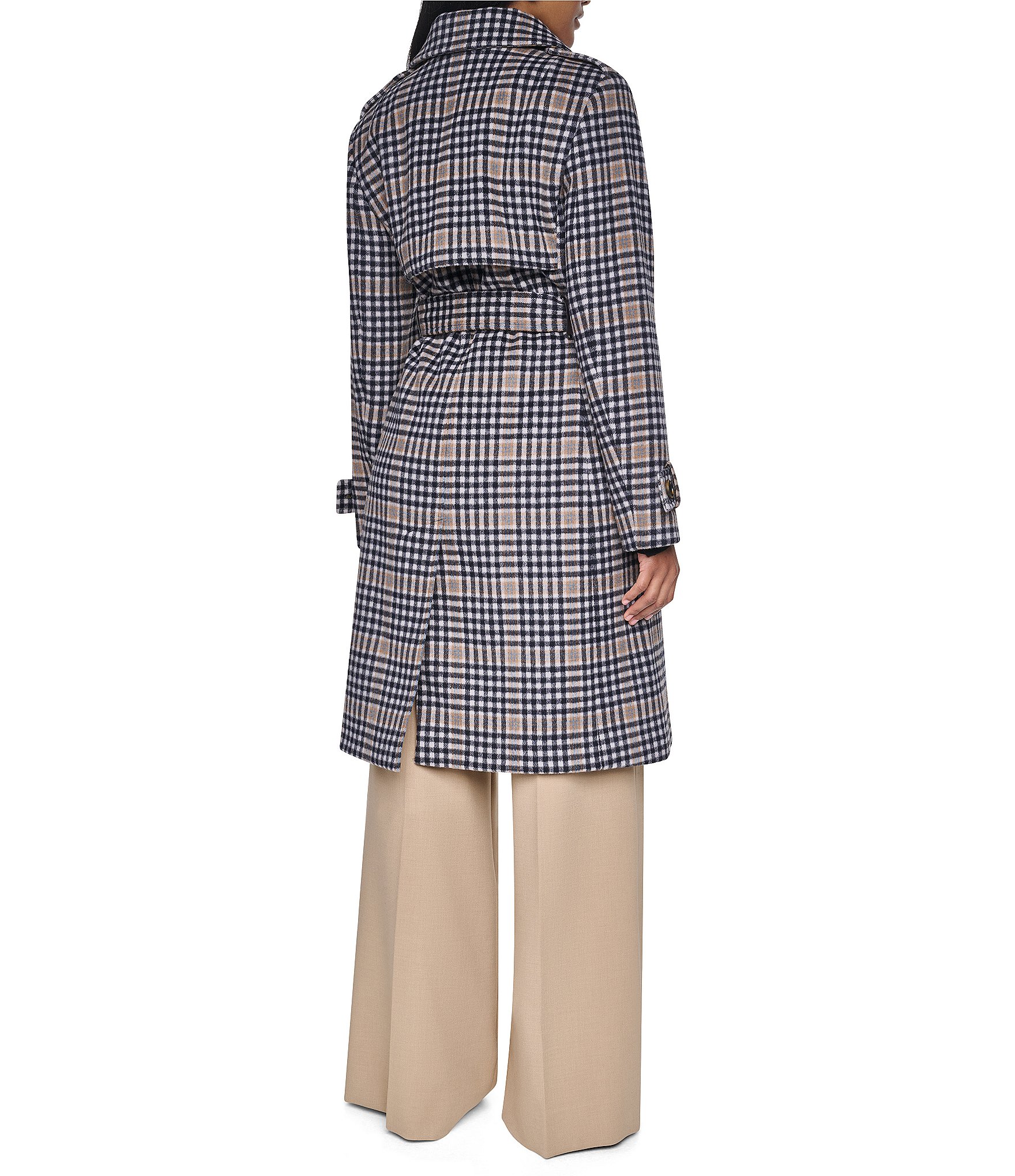 DKNY Wool Blend Point Collar Belted Single Breasted Trench Coat