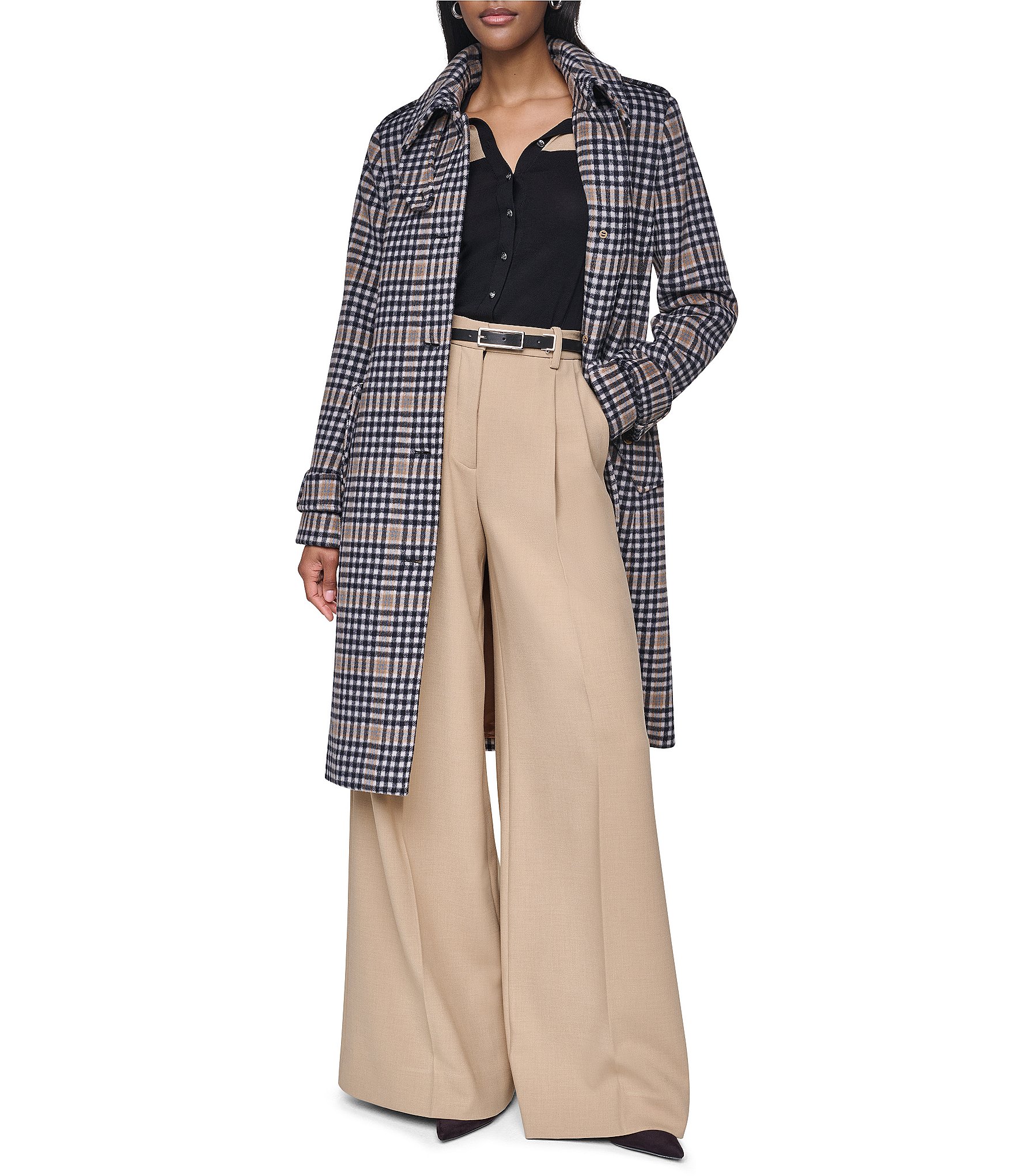 DKNY Wool Blend Point Collar Belted Single Breasted Trench Coat