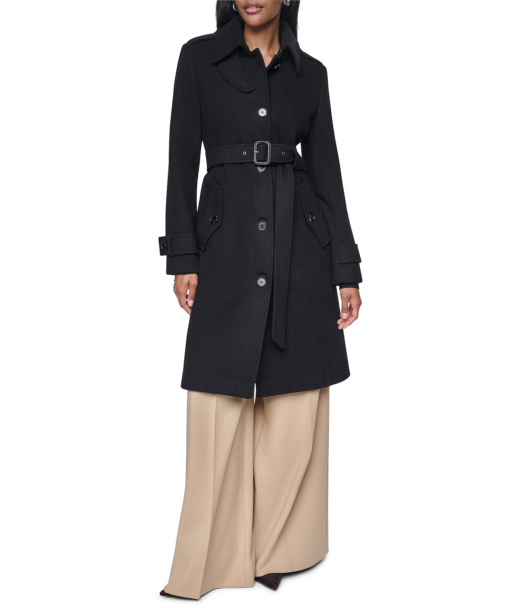 DKNY Wool Blend Point Collar Belted Single Breasted Trench Coat