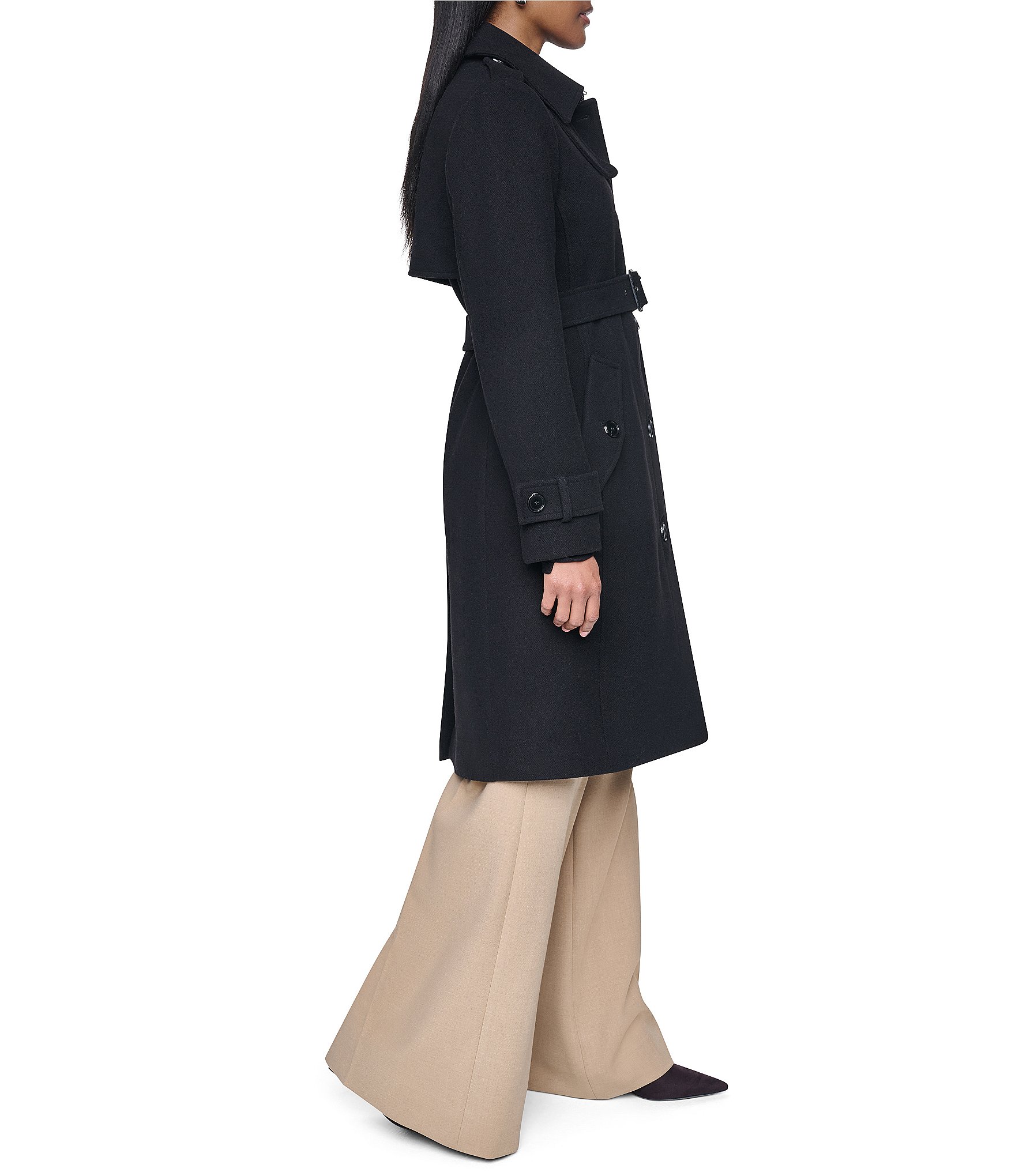 DKNY Wool Blend Point Collar Belted Single Breasted Trench Coat