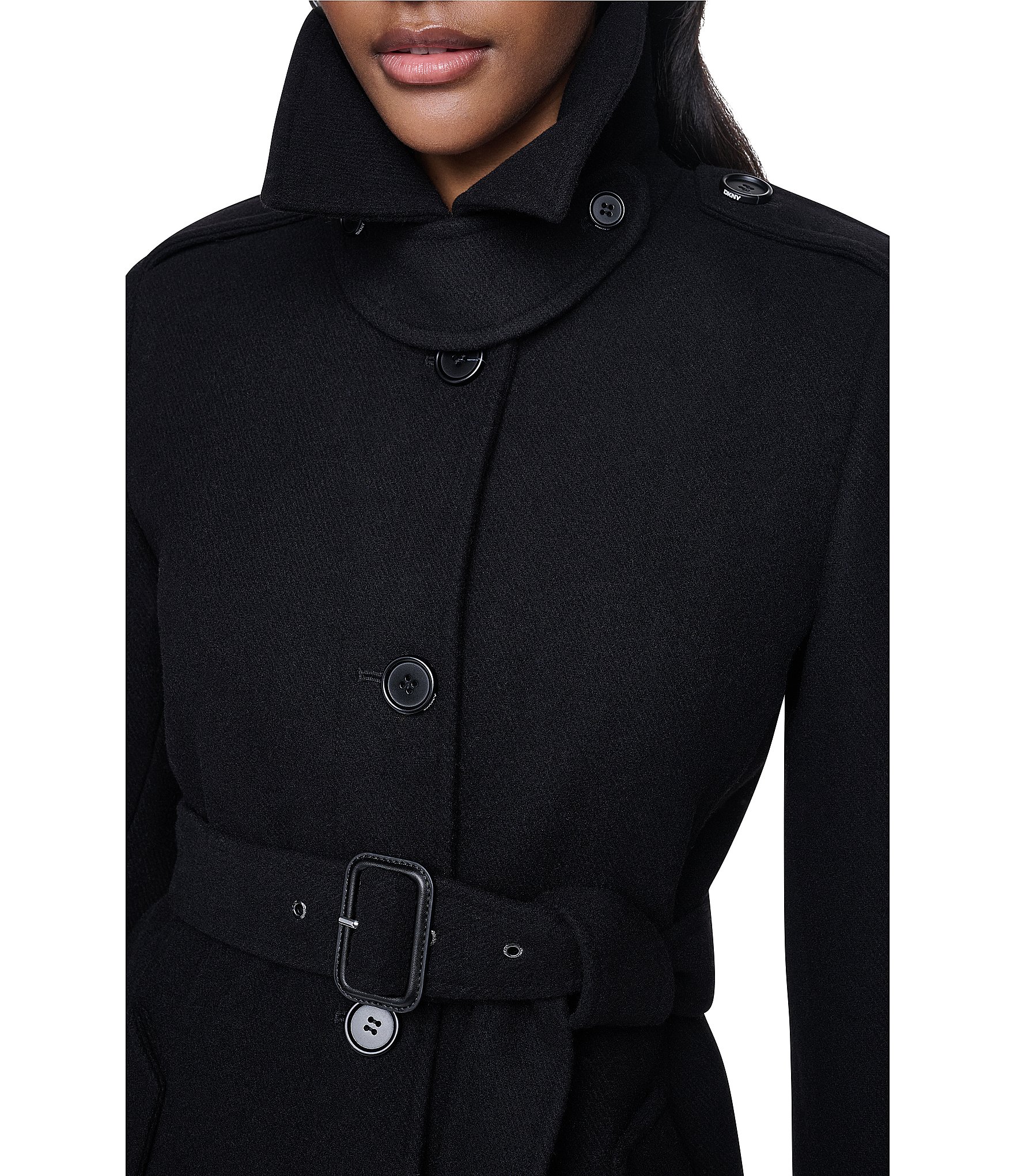 DKNY Wool Blend Point Collar Belted Single Breasted Trench Coat