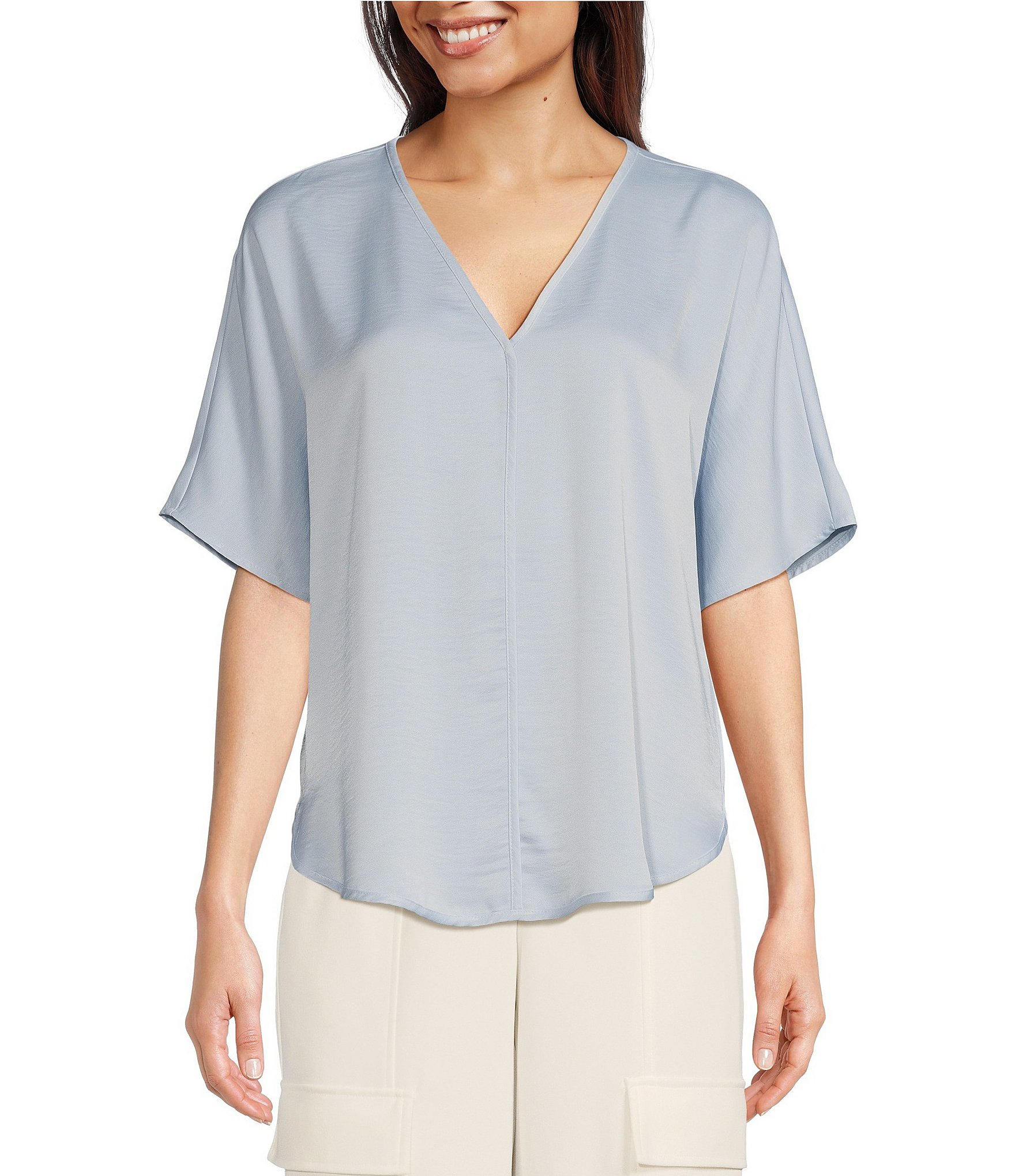 DKNY Woven V-Neck Short Sleeve Blouse | Dillard's