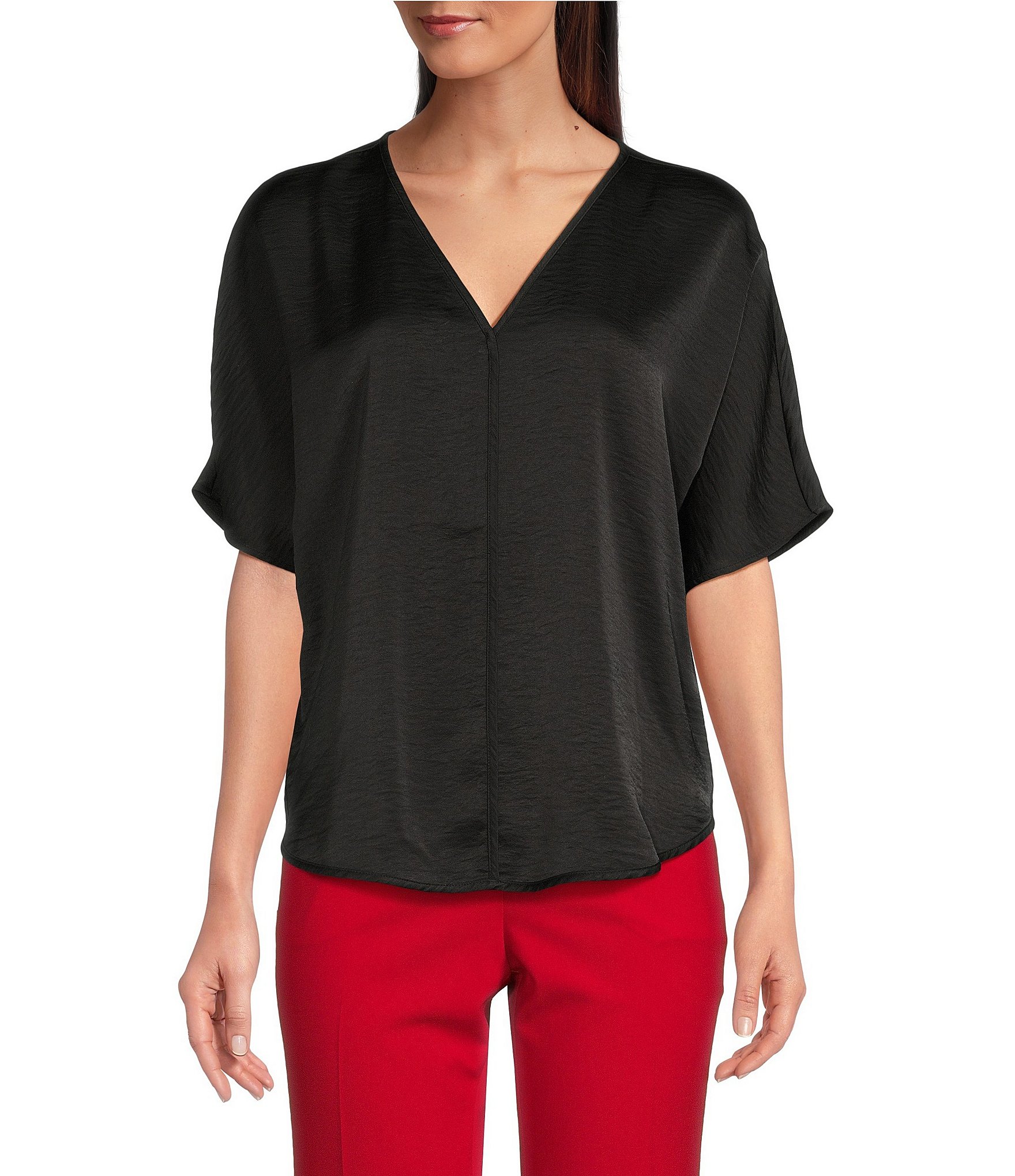 DKNY by Donna Karan Woven V-Neck Short Sleeve Blouse