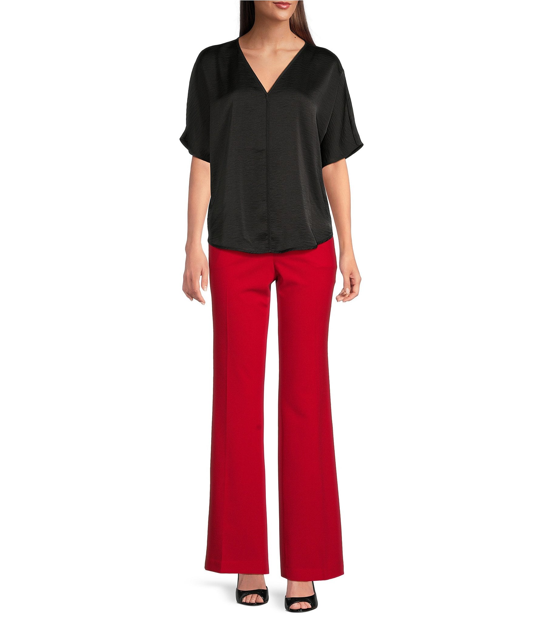 DKNY by Donna Karan Woven V-Neck Short Sleeve Blouse