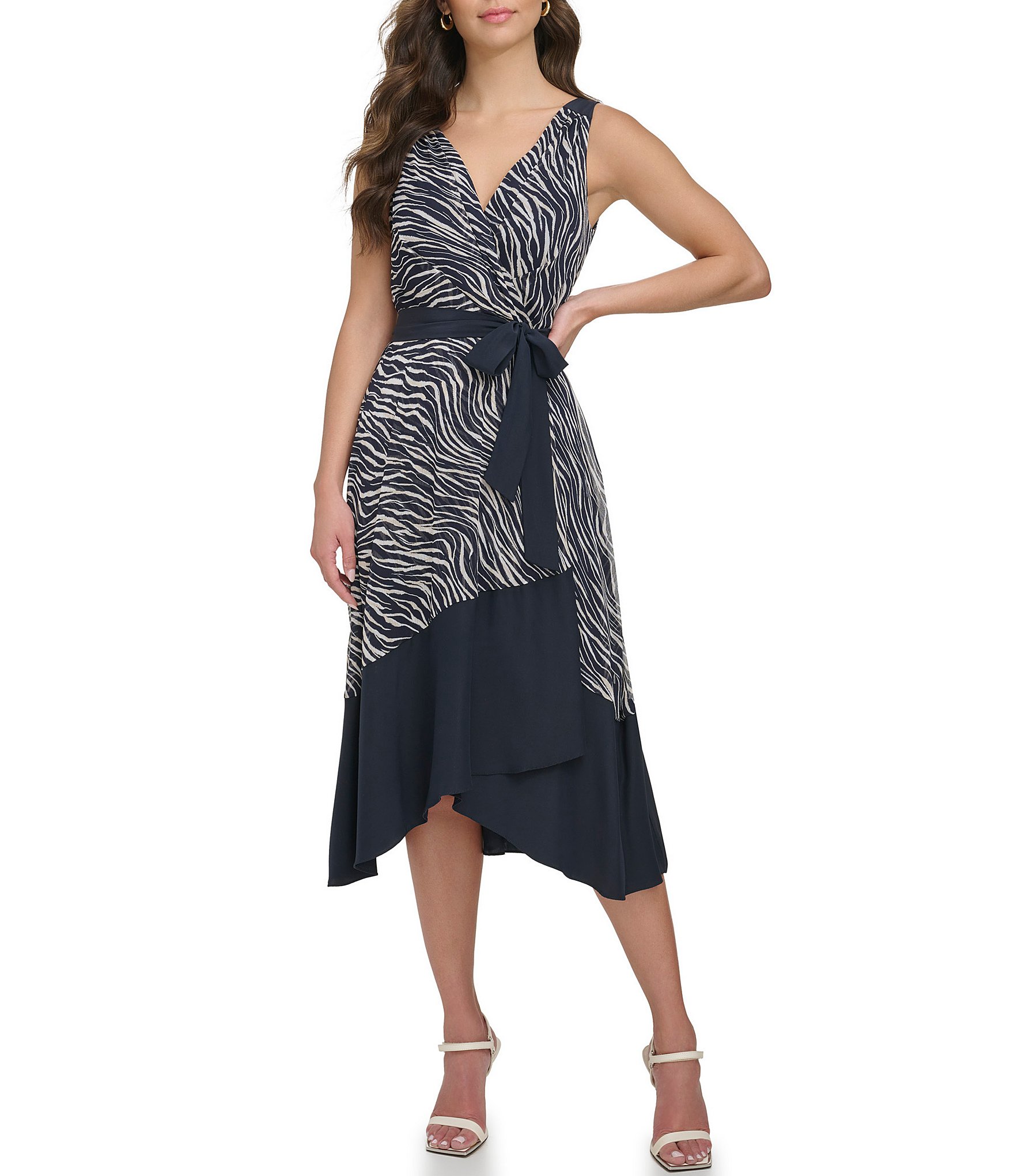 Dkny Zebra Surplice V Neckline Sleeveless Faux Wrap Dress Dillards 5697