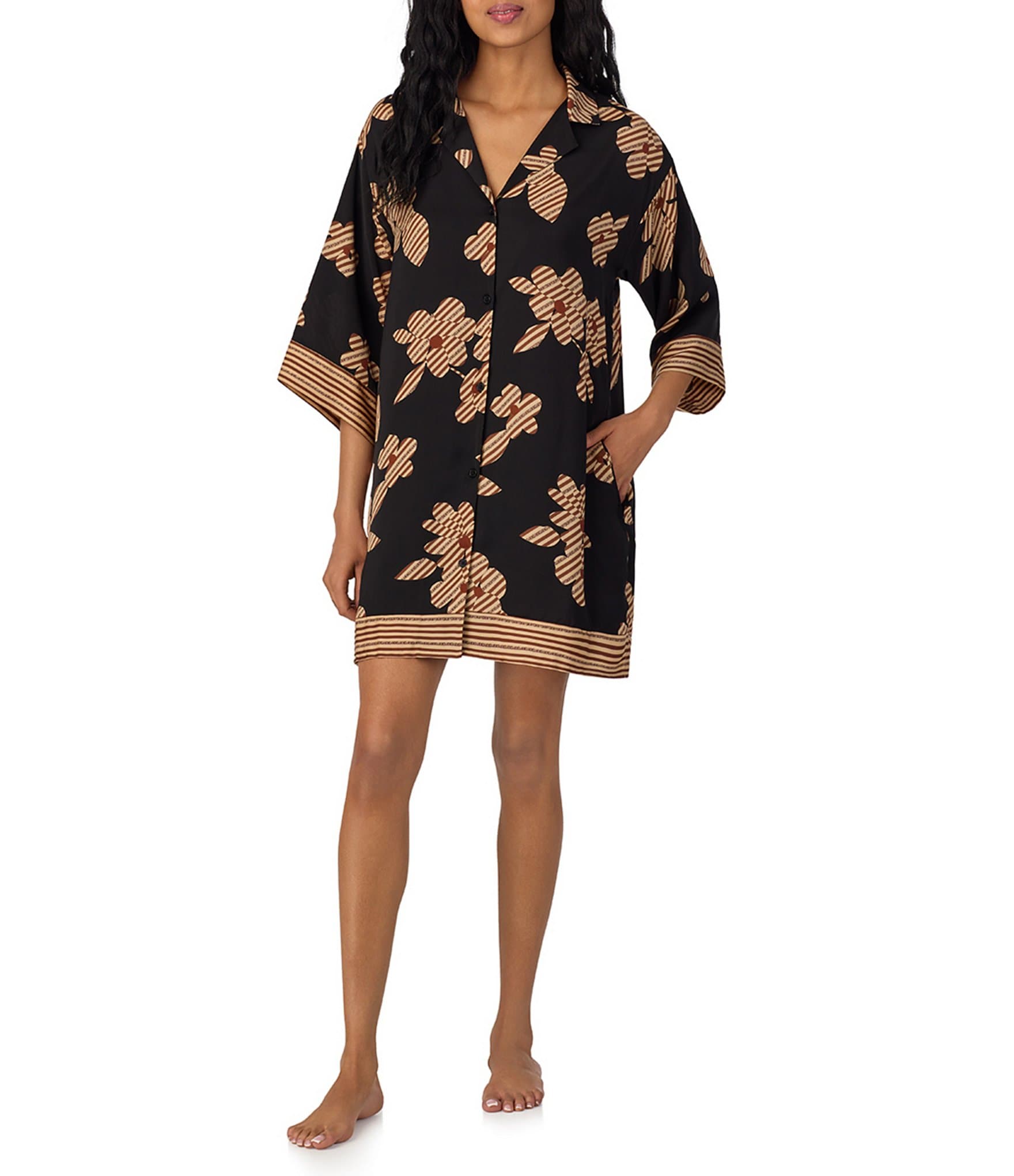 DNKY Floral Print 3/4 Sleeve Button Down Satin Short Sleep Shirt