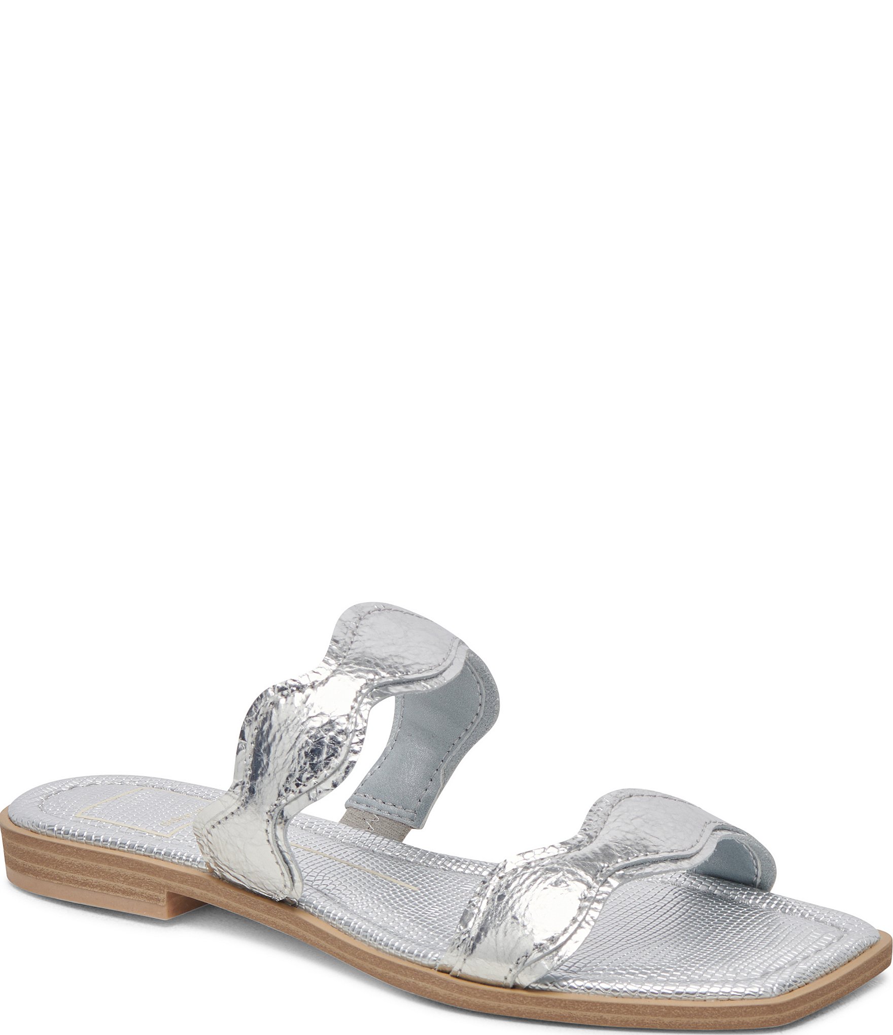 Dolce Vita Ilva Low Distressed Metallic Leather Scalloped Flat Sandals ...