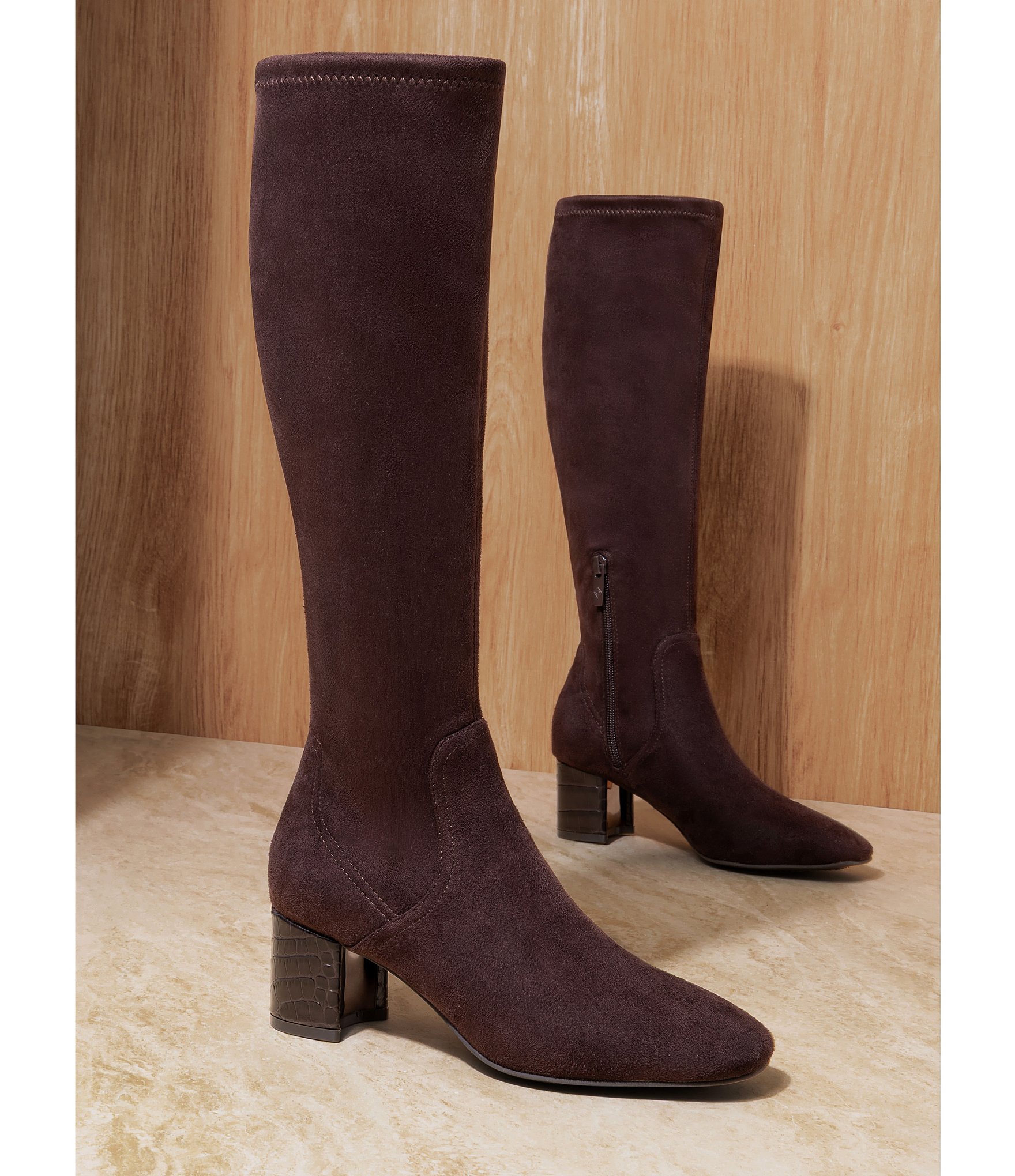 Donald Pliner Florish Stretch Square Toe Croco Block Heel Tall Boots