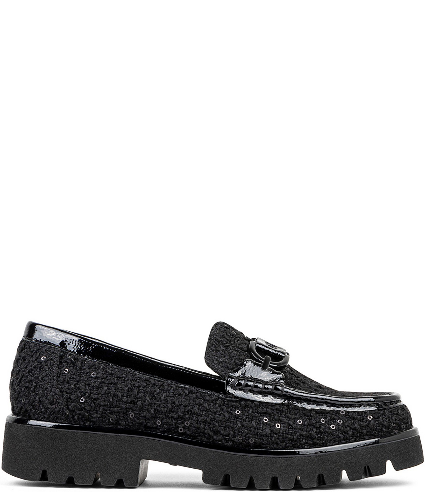 Donald Pliner Helio Sequin Boucle Hardware Patent Detail Lug Sole Platform Loafers