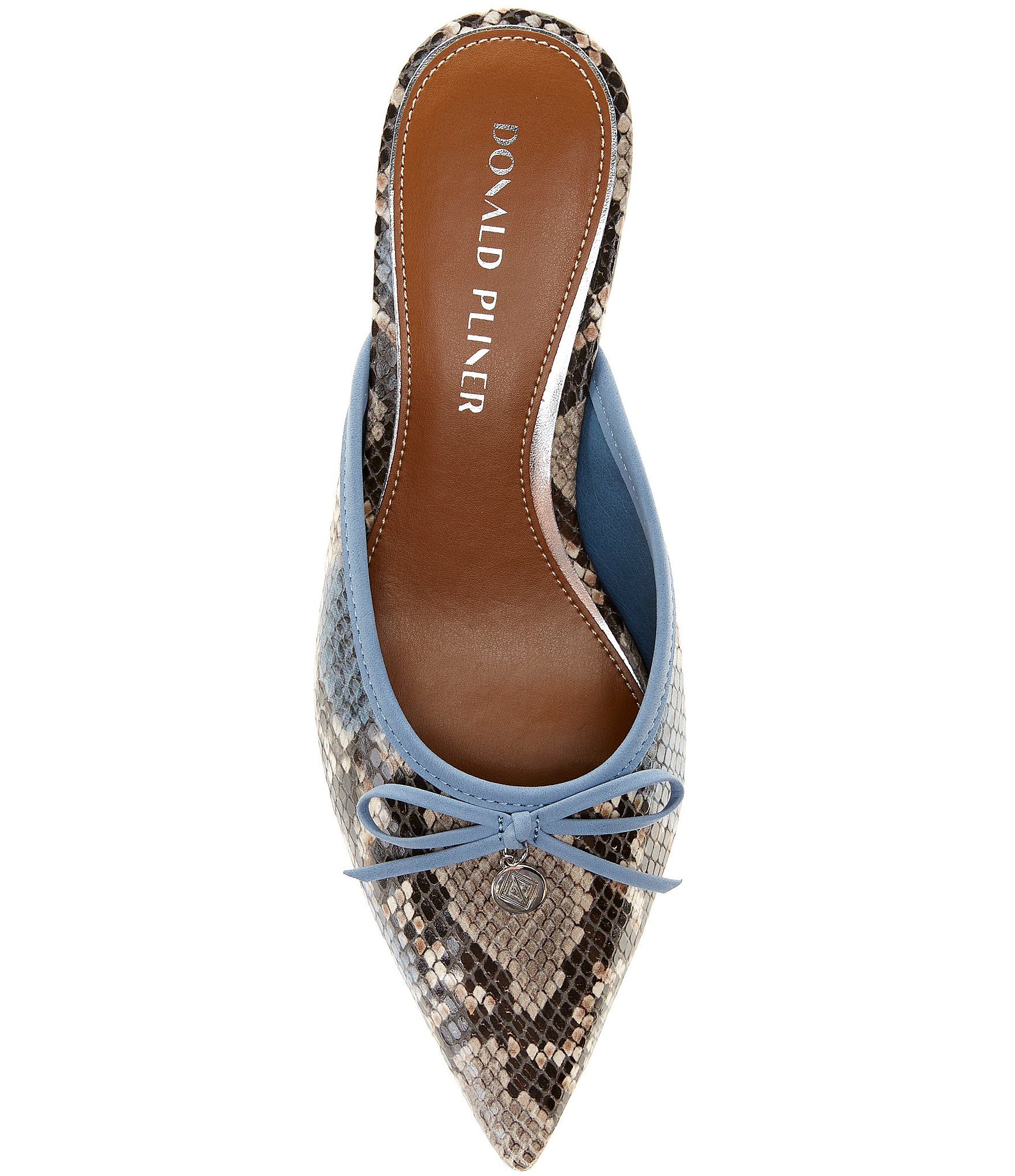 Donald Pliner Soel Snake Printed Leather Bow Kitten Heel Mules