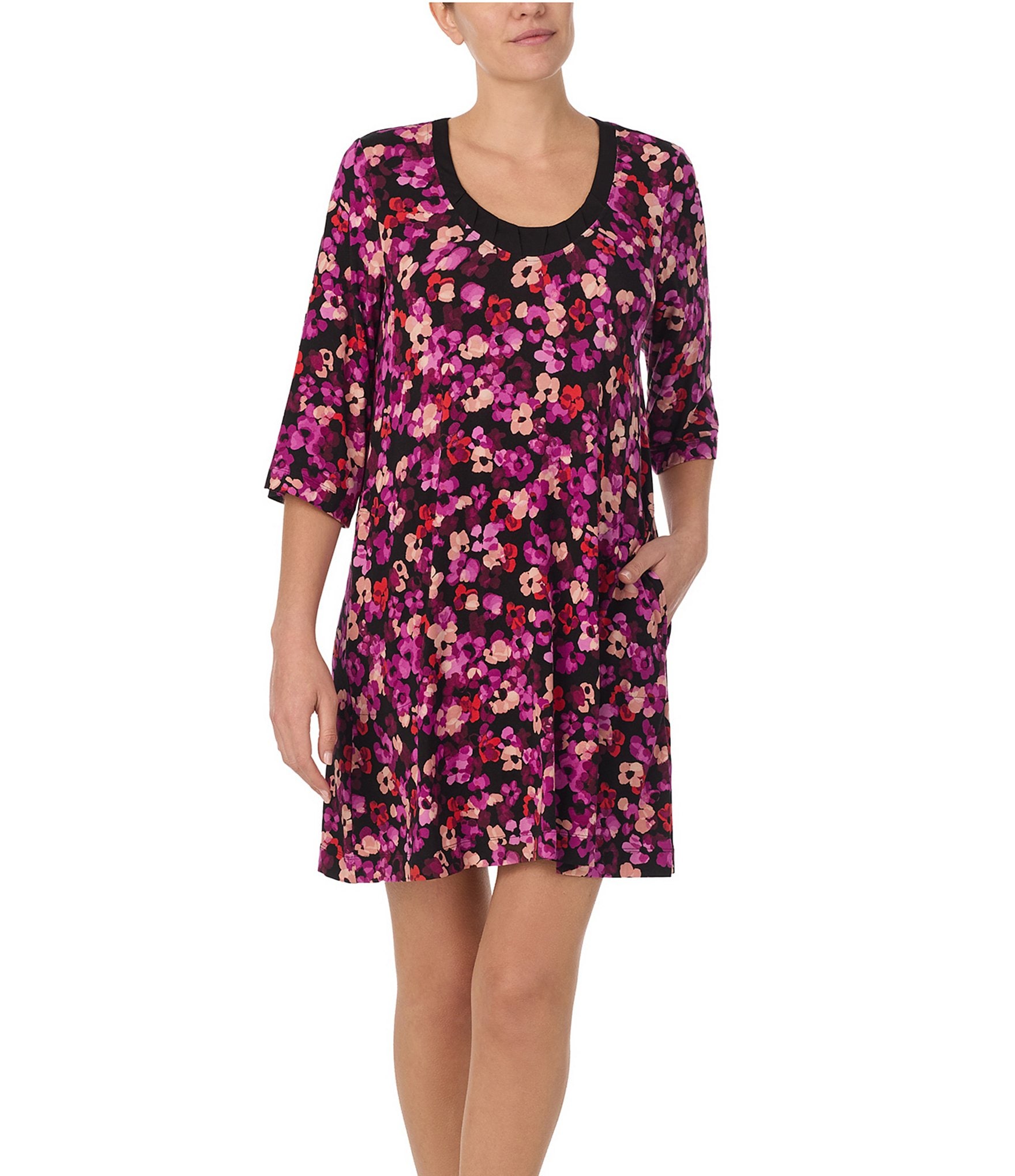 Donna Karan 3/4 Sleeve Scoop Neck Floral Jersey Knit Nightshirt