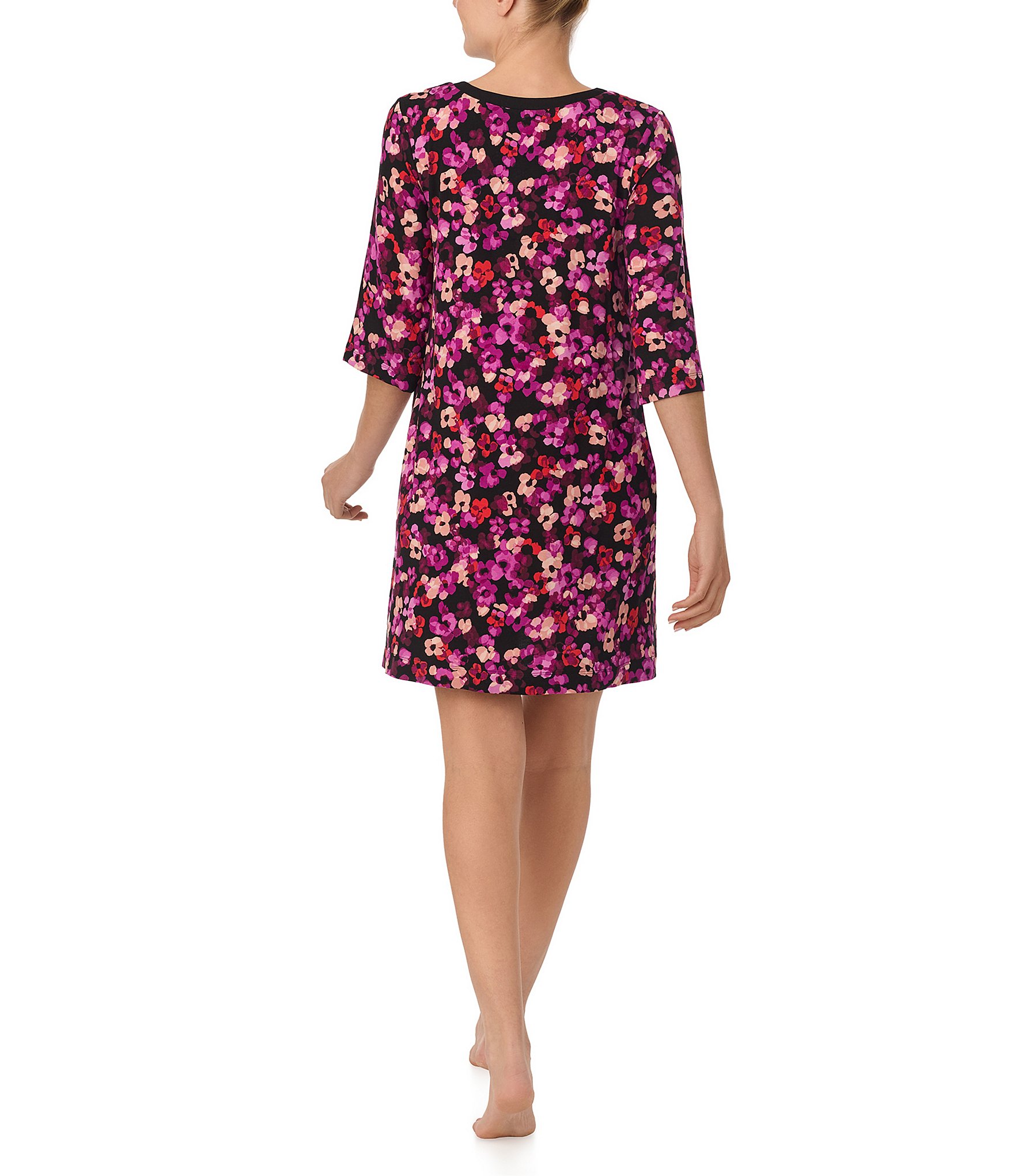 Donna Karan 3/4 Sleeve Scoop Neck Floral Jersey Knit Nightshirt