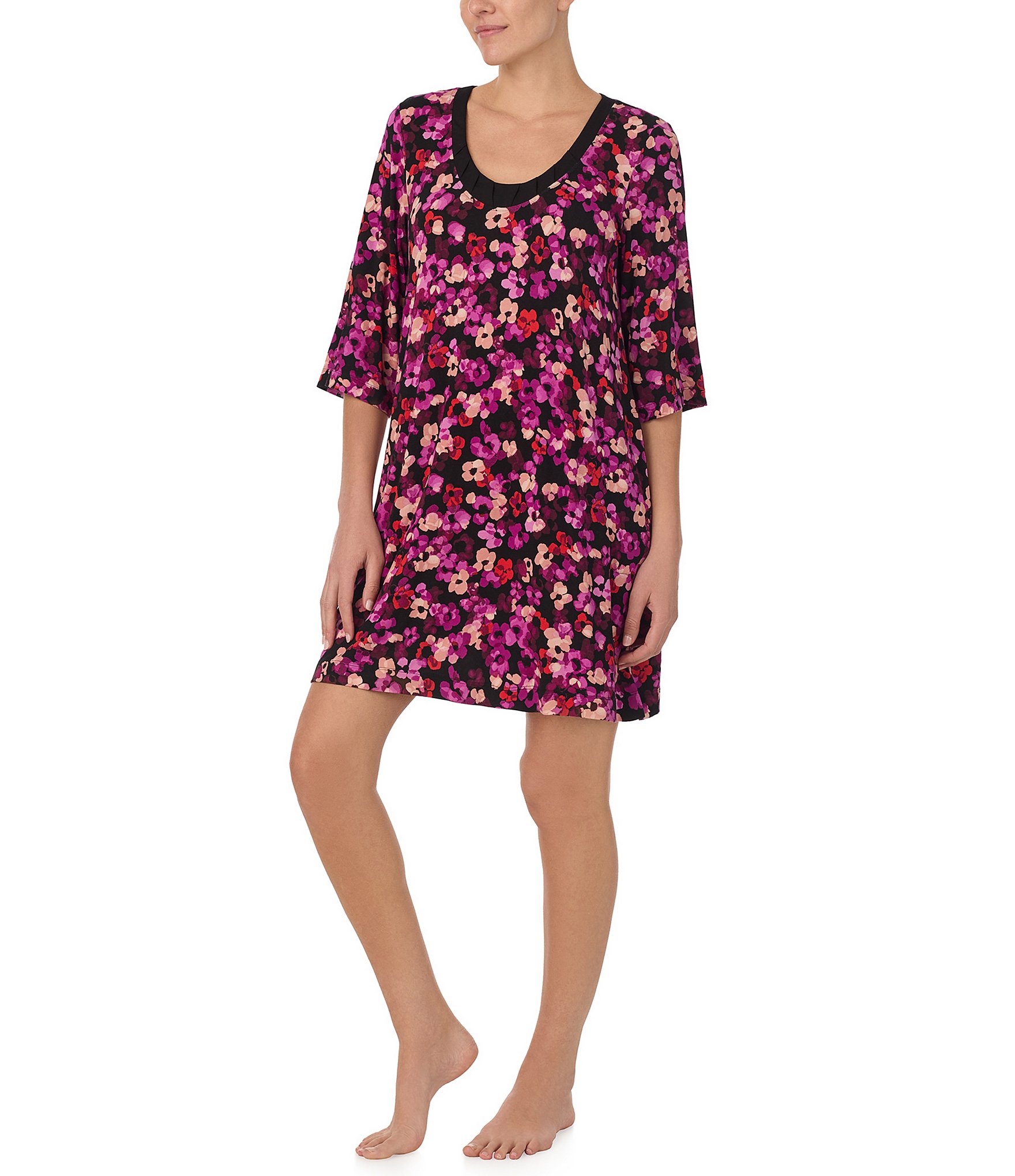 Donna Karan 3/4 Sleeve Scoop Neck Floral Jersey Knit Nightshirt