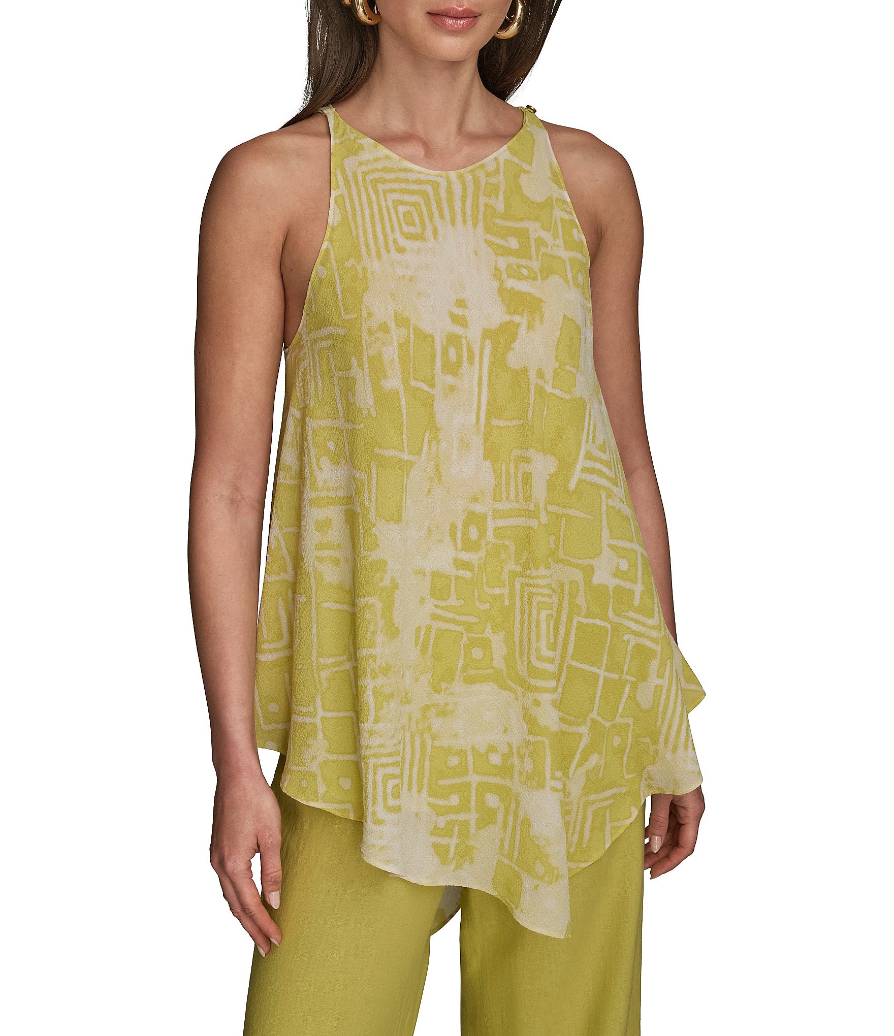 Donna Karan Abstract Printed Crew Neck Sleeveless Angled Top