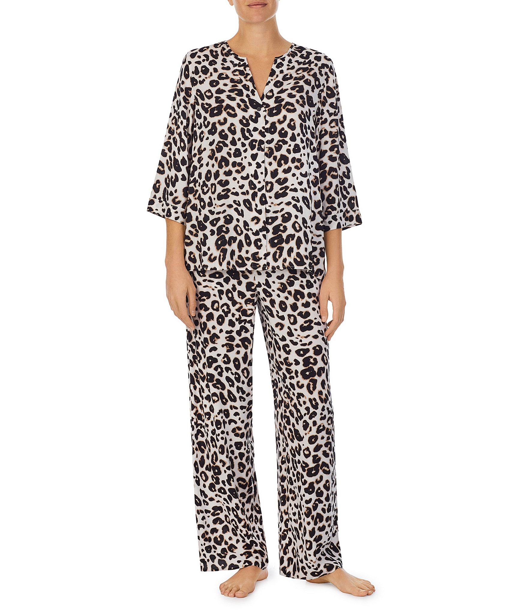 Donna Karan Animal Print 3/4 Sleeve Long Knit Pajama Set | Dillard's
