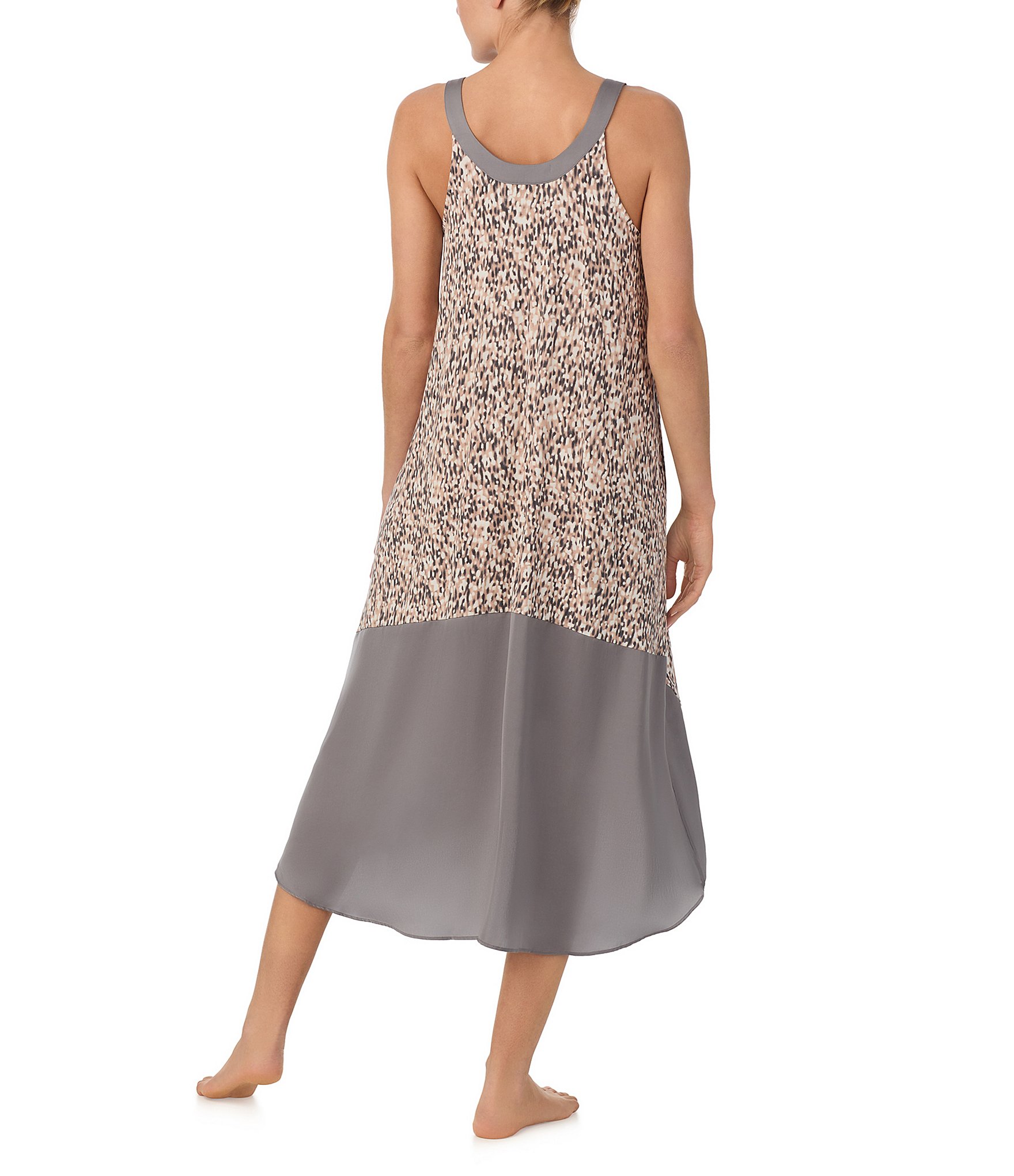 Donna Karan Blurred Dot Print Sleeveless V-Neck Knit Long Nightgown