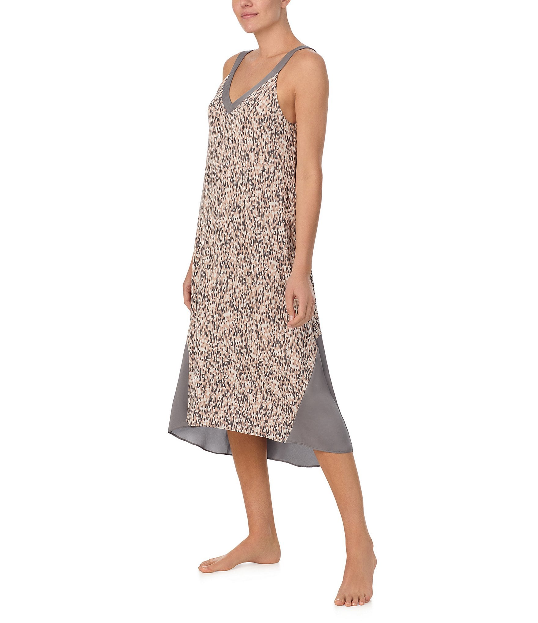 Donna Karan Blurred Dot Print Sleeveless V-Neck Knit Long Nightgown