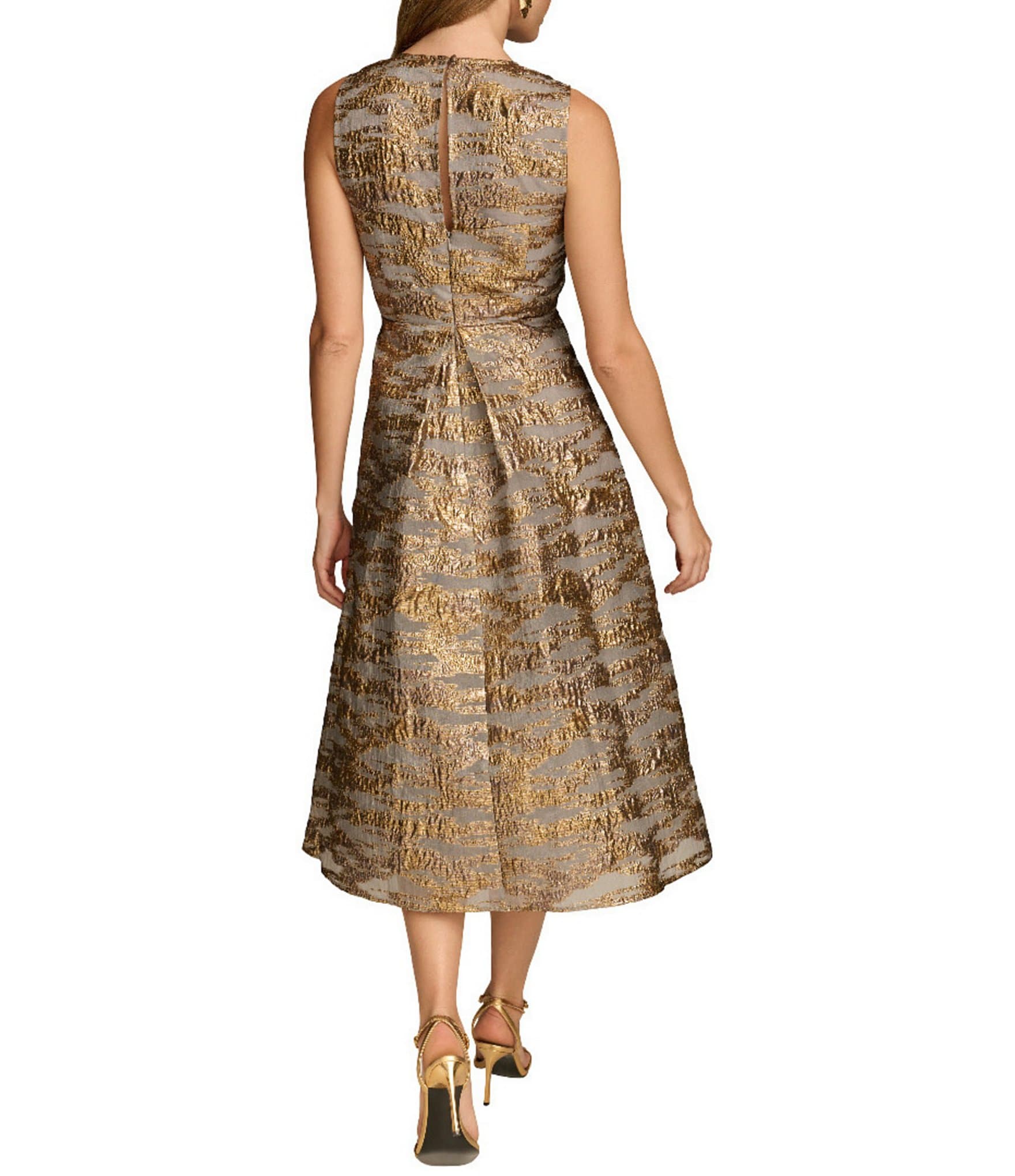 Donna Karan Brocade Crew Neck Sleeveless Metallic A-Line Midi Dress