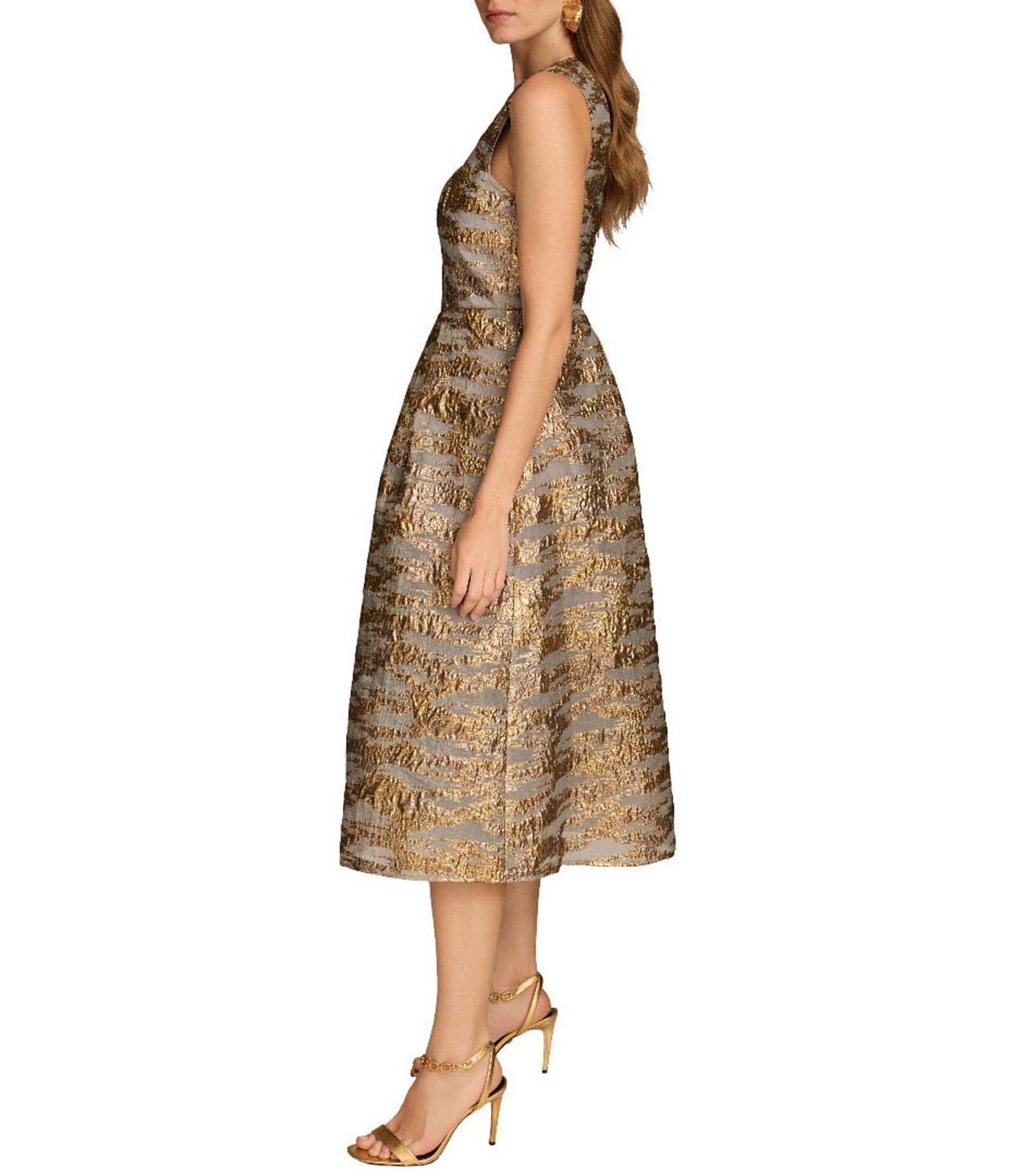 Donna Karan Brocade Crew Neck Sleeveless Metallic A-Line Midi Dress