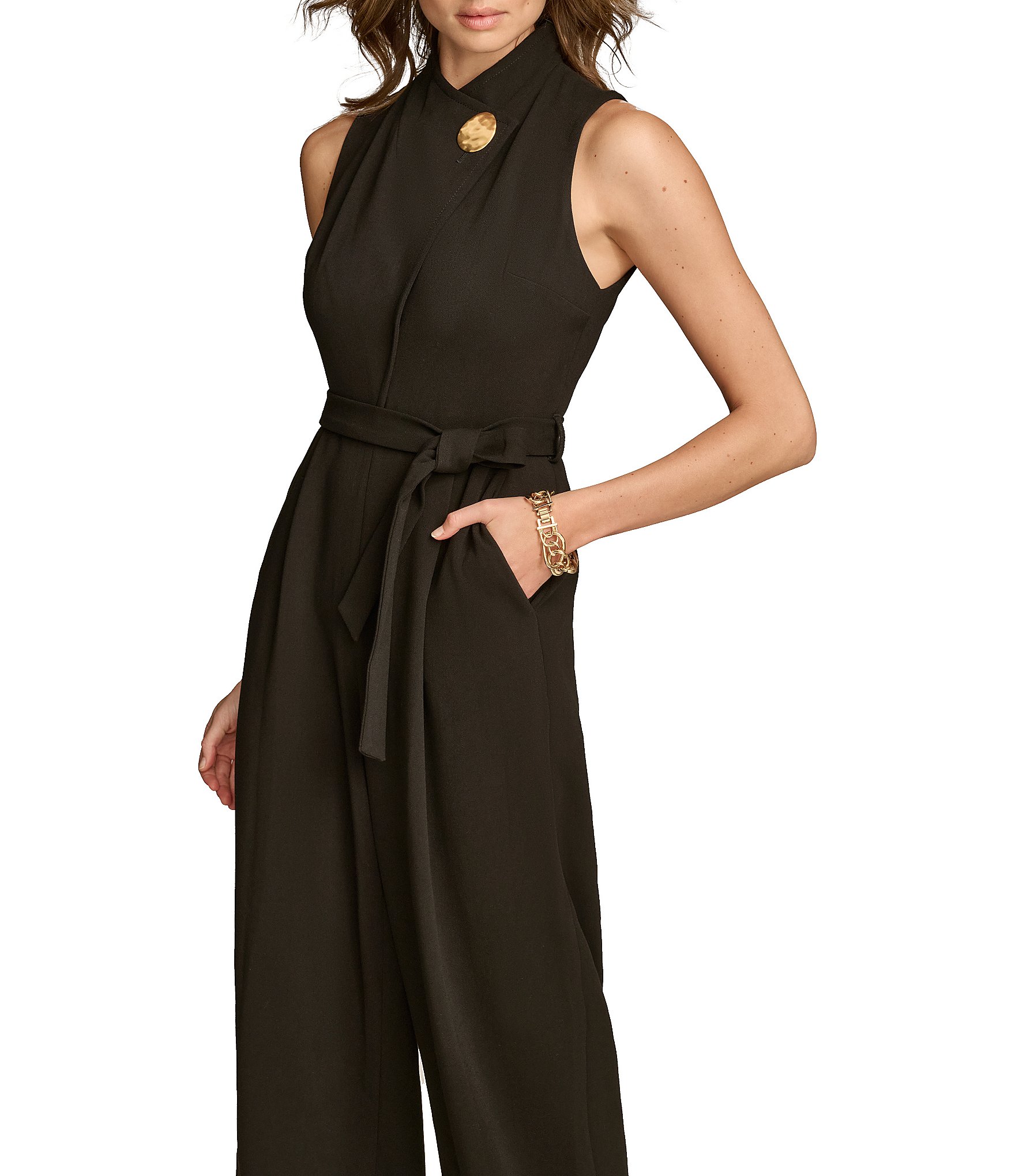 Donna Karan Cady Crepe Mock Neck Sleeveless Wide Leg Tie Waist Belt Jumpsuit