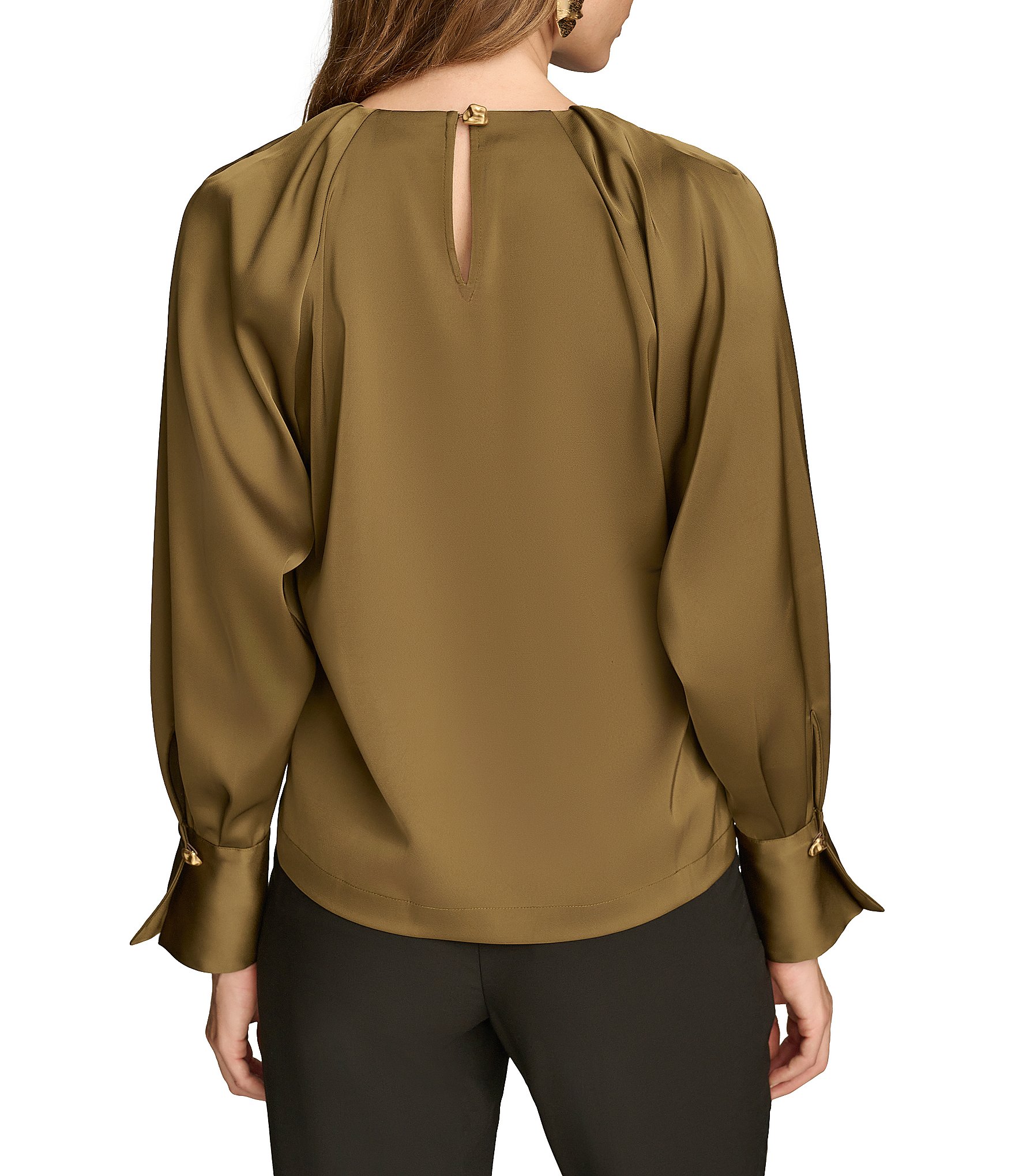 Donna Karan Chain Hardware Split-V Neck Long Sleeve Blouse