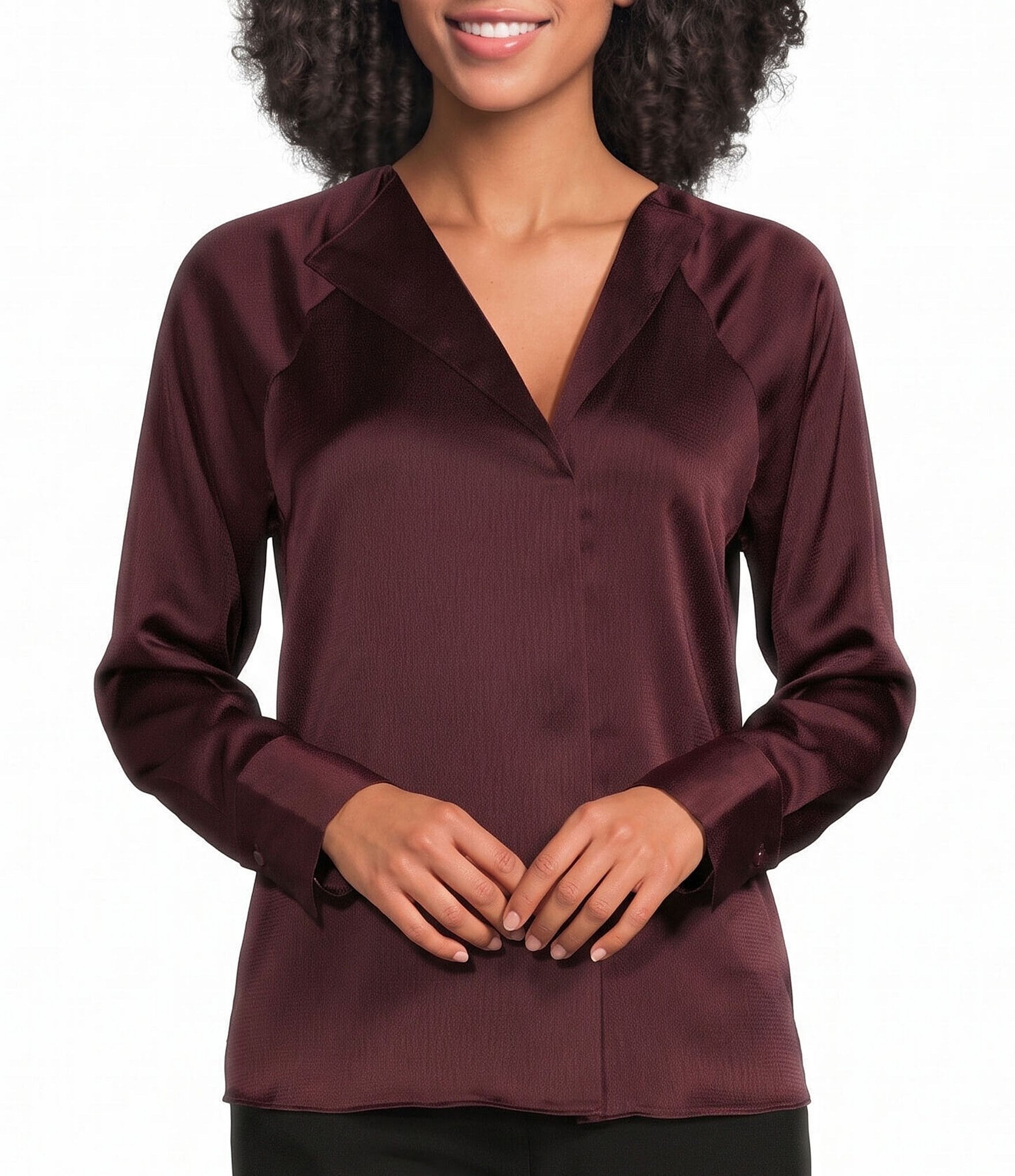 Donna Karan Charmeuse V-Neck Long Sleeve Top
