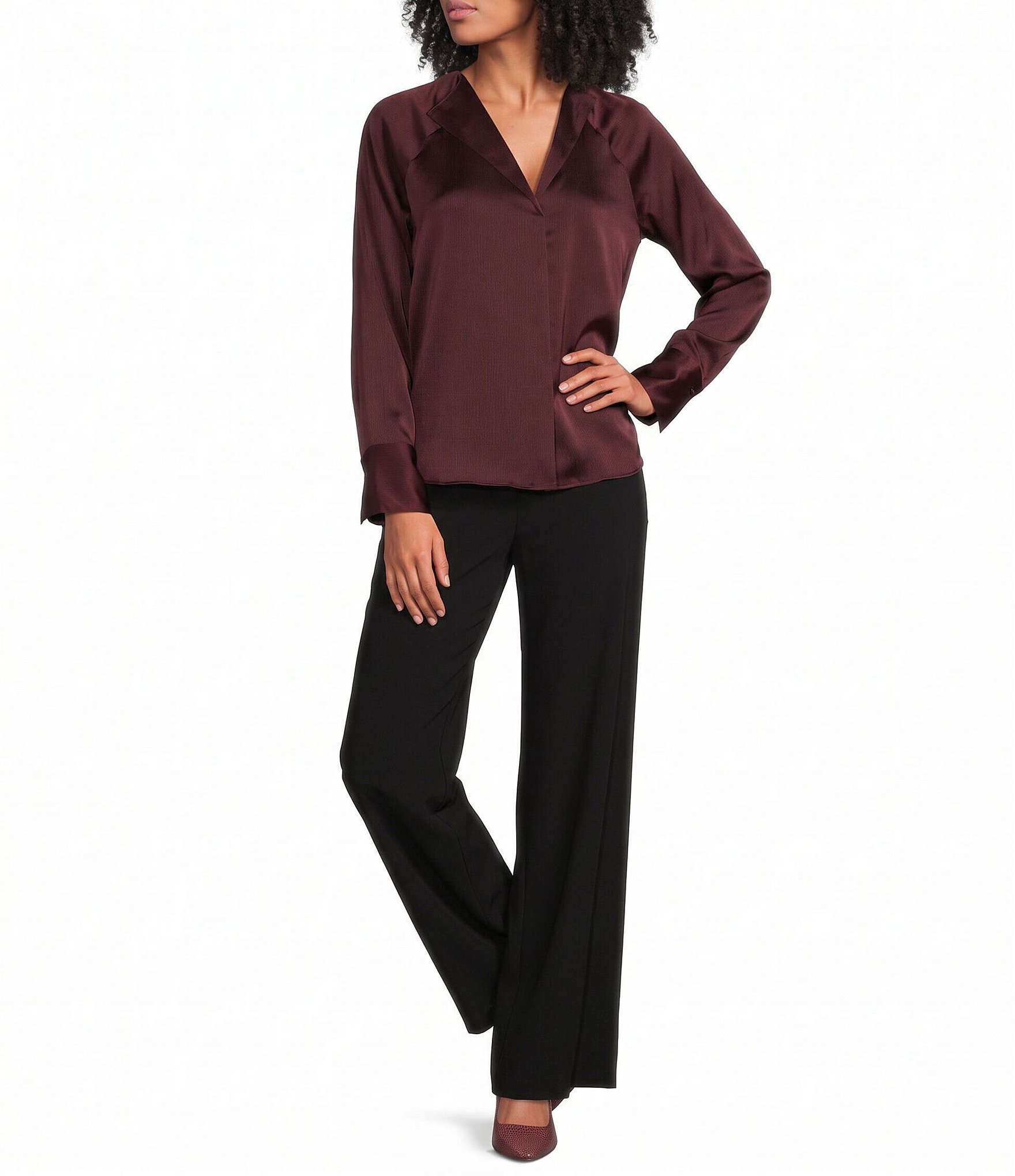 Donna Karan Charmeuse V-Neck Long Sleeve Top