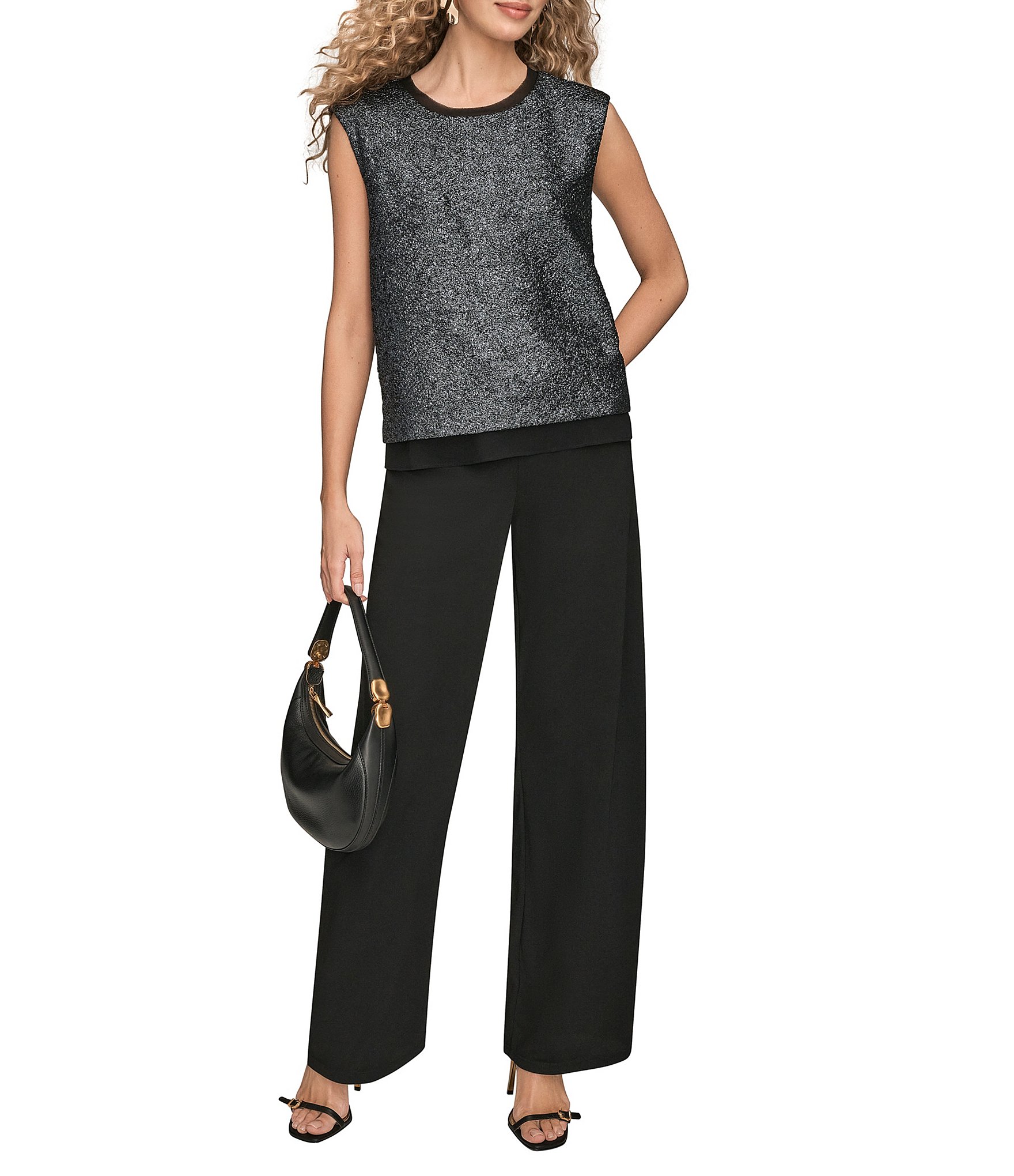 Donna Karan Chiffon Trimmed Crew Neck Sleeveless Top