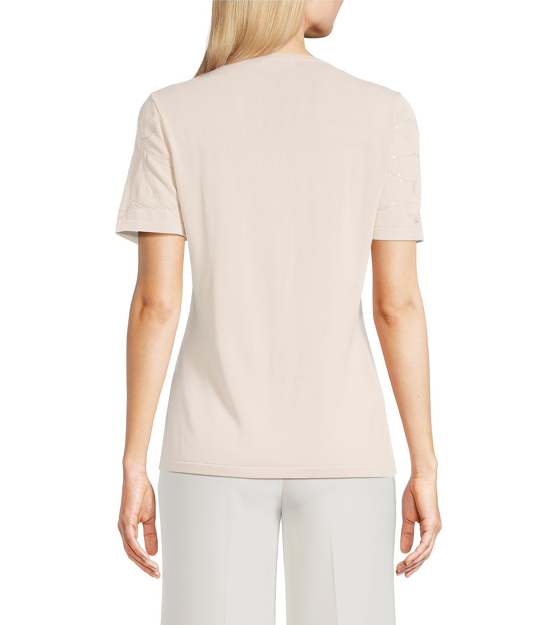 Donna Karan Clear Sequin Embellished Short Sleeve Top