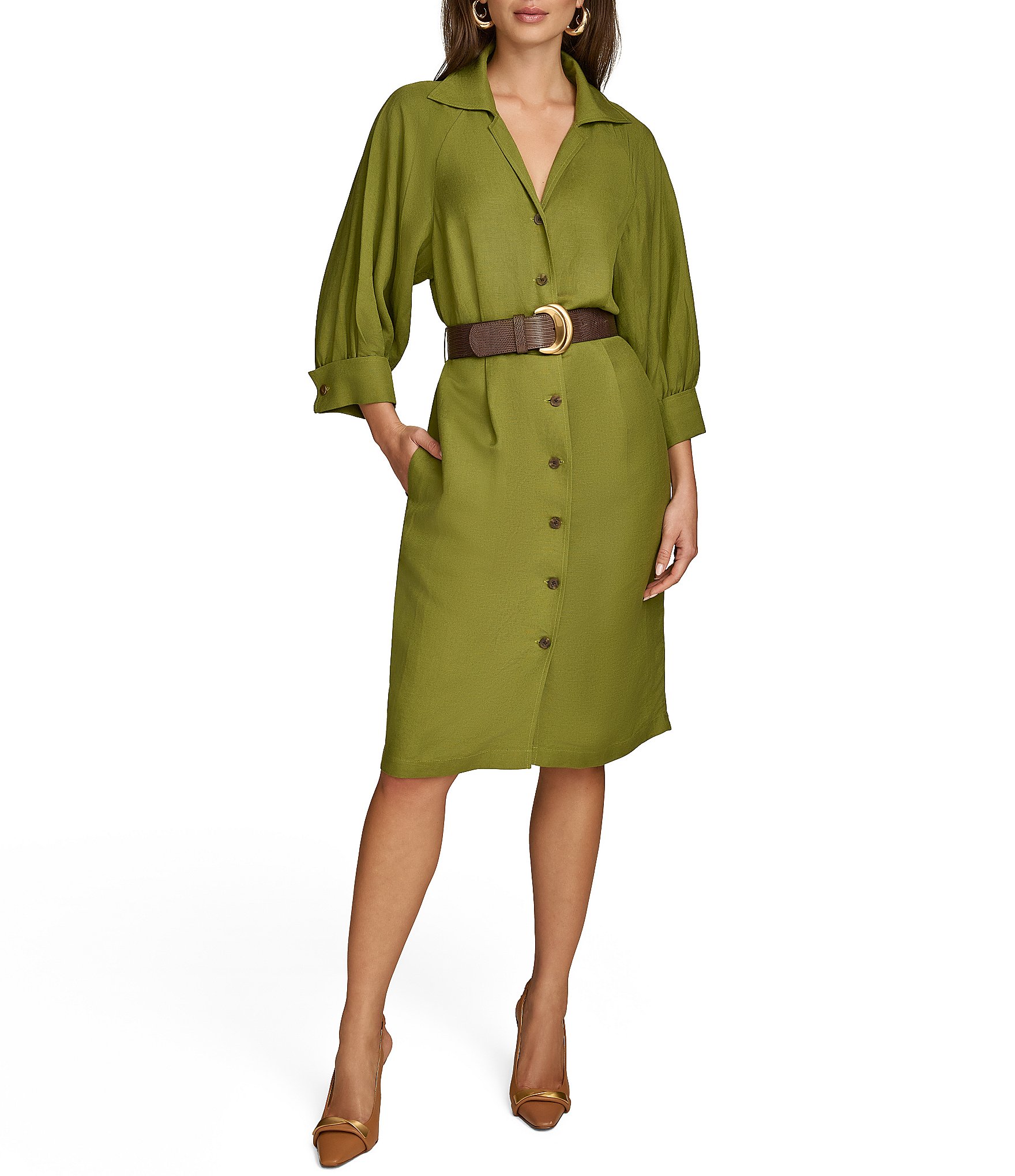 Donna Karan Collared Neck 3/4 Sleeve Belted Linen Sheath Dress | Dillard's