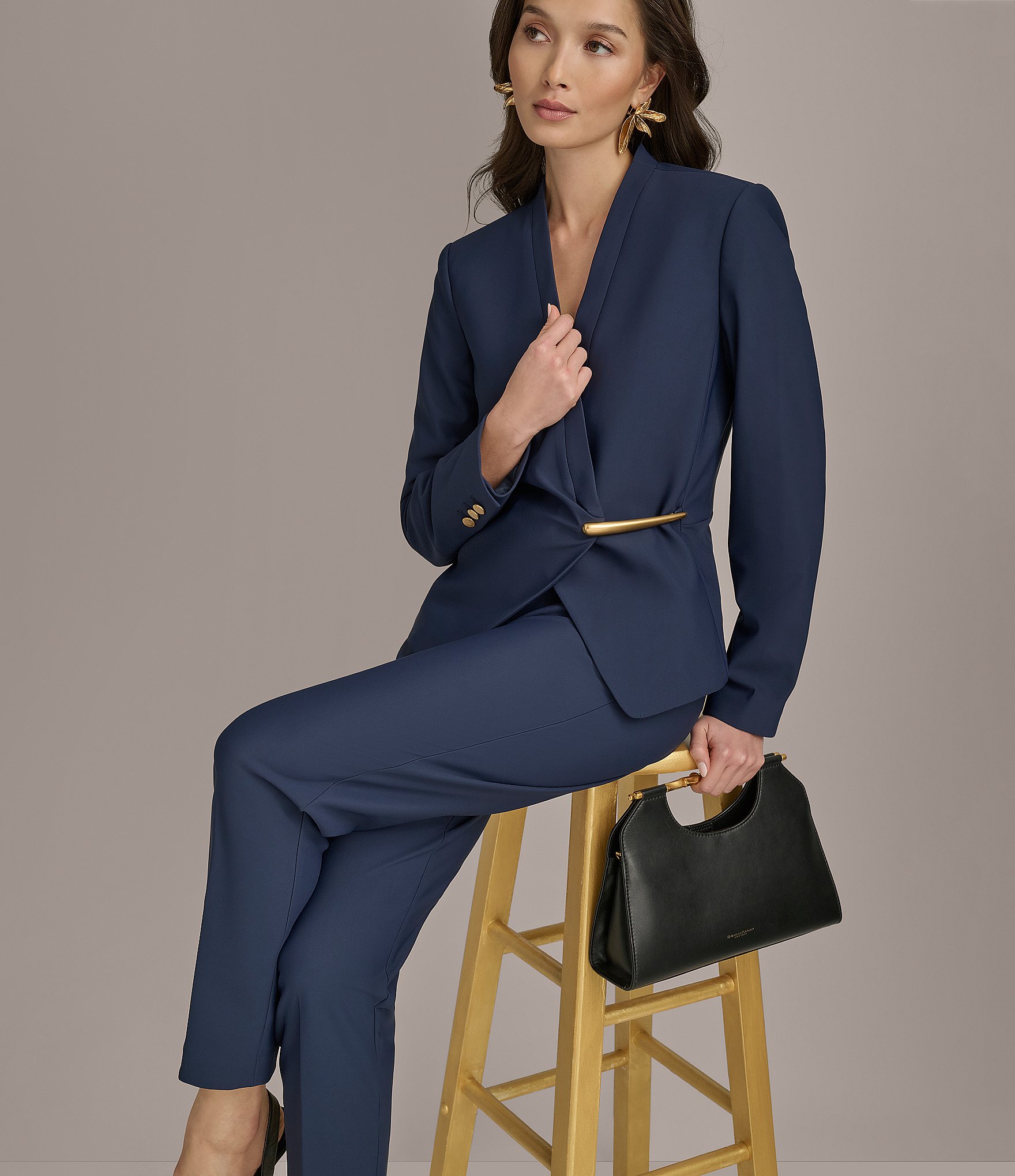 Donna Karan Collarless Gold Bar Hardware Snap Front Jacket