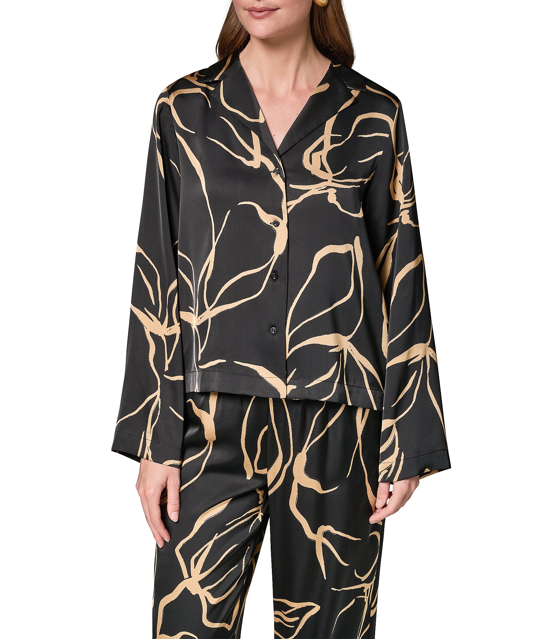 Donna Karan Coordinating Printed Satin Collared Long Sleeve Button Front Top