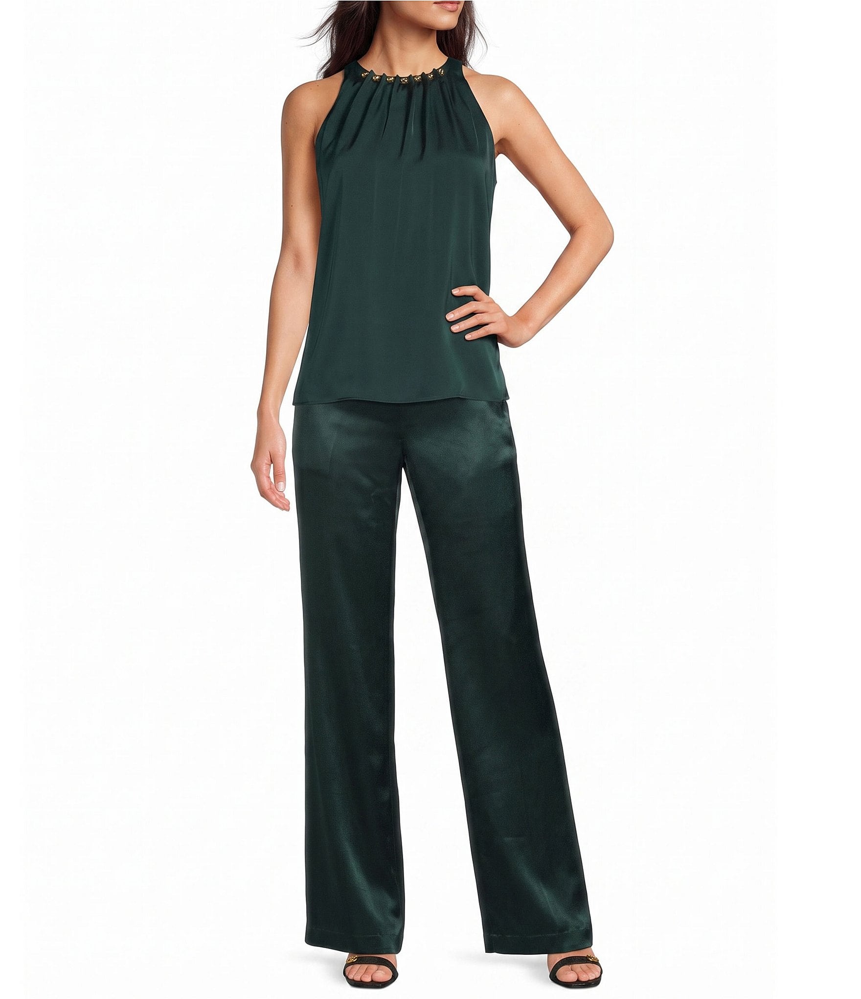 Donna Karan Coordinating Satin Back Crepe Front Wide Leg Front Pleated Pants