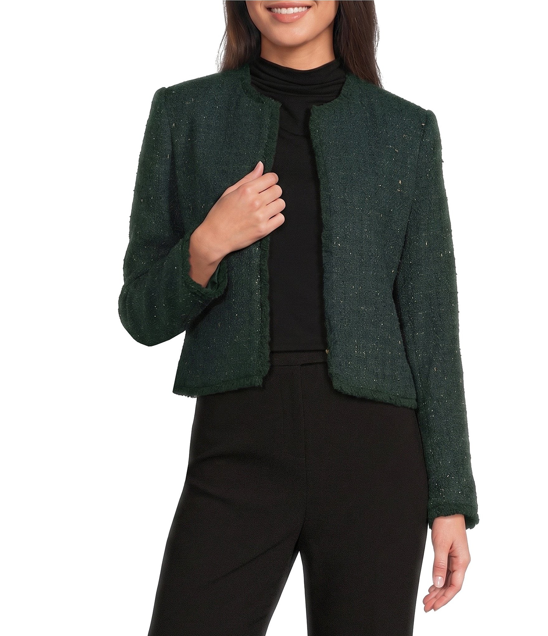 Donna Karan Coordinating Tweed Round Neck Long Sleeve Open Front Jacket