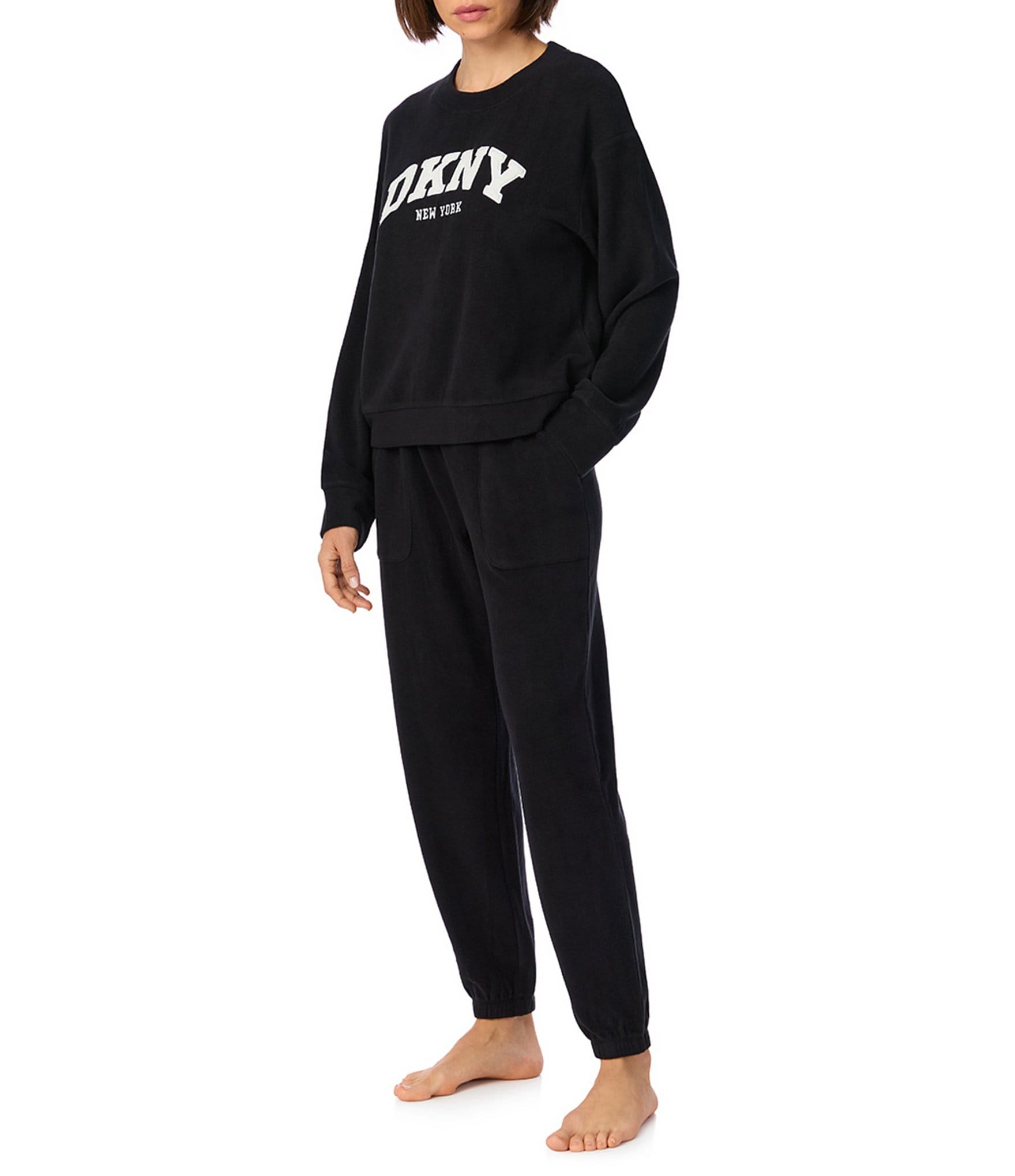 Donna Karan DNKY Solid Round Neck Long Sleeve Sweatshirt & Stretch Fleece Jogger Pajama Set