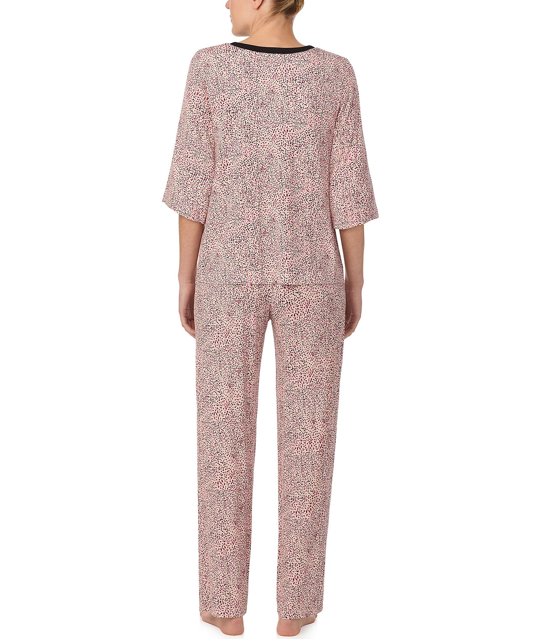 Donna Karan Dotted Jersey Knit 3/4 Sleeve Scoop Neck Pajama Set