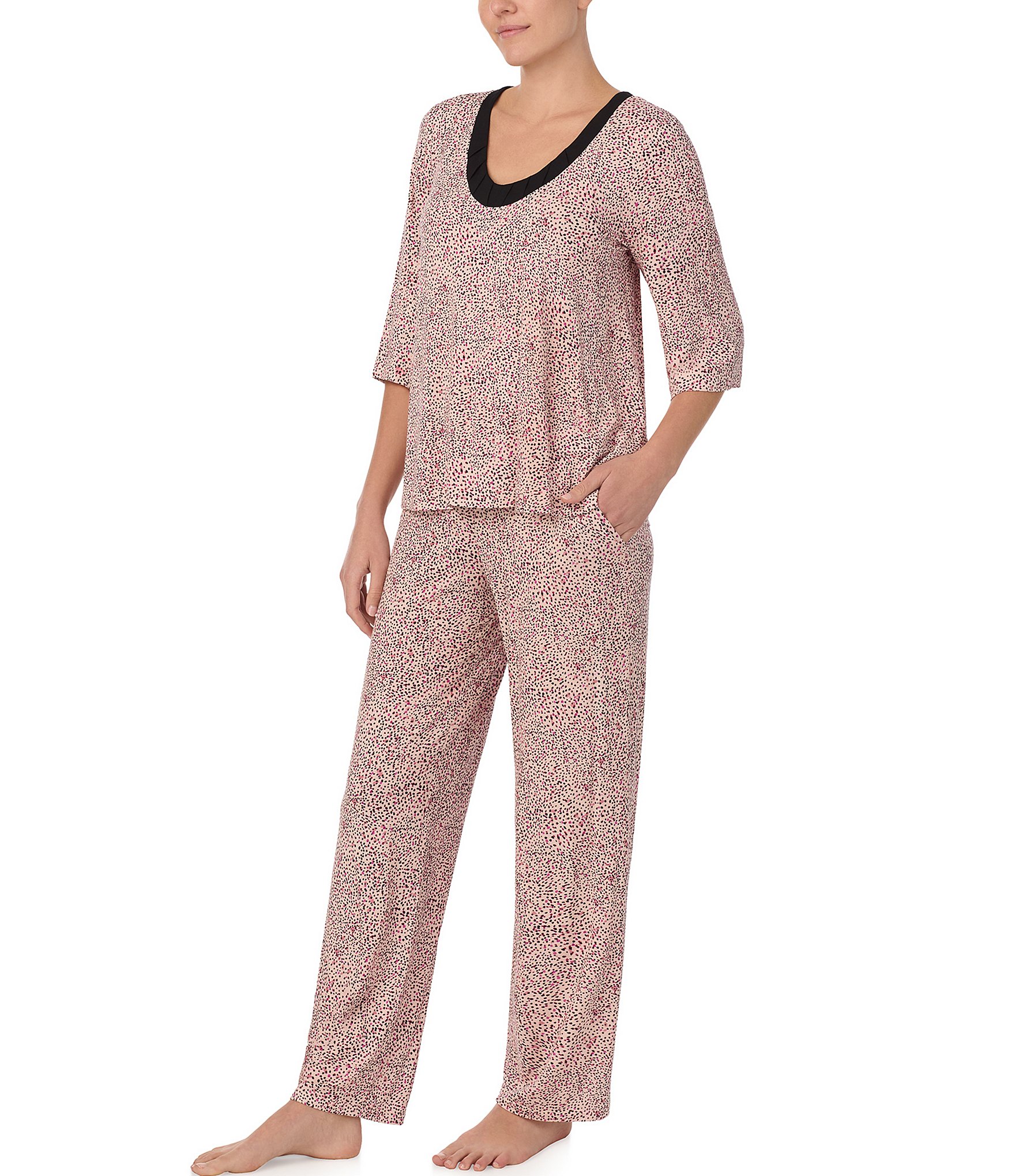 Donna Karan Dotted Jersey Knit 3/4 Sleeve Scoop Neck Pajama Set