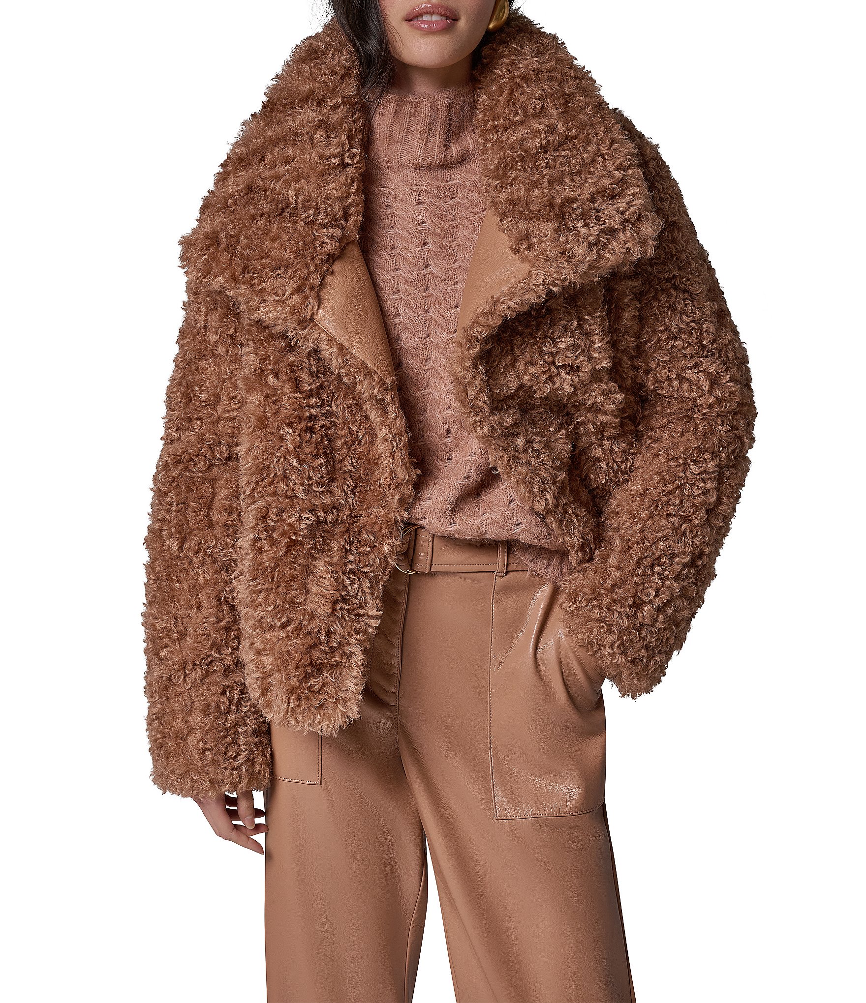 Donna Karan Faux Fur Mock Neck Long Sleeve Front Button Jacket